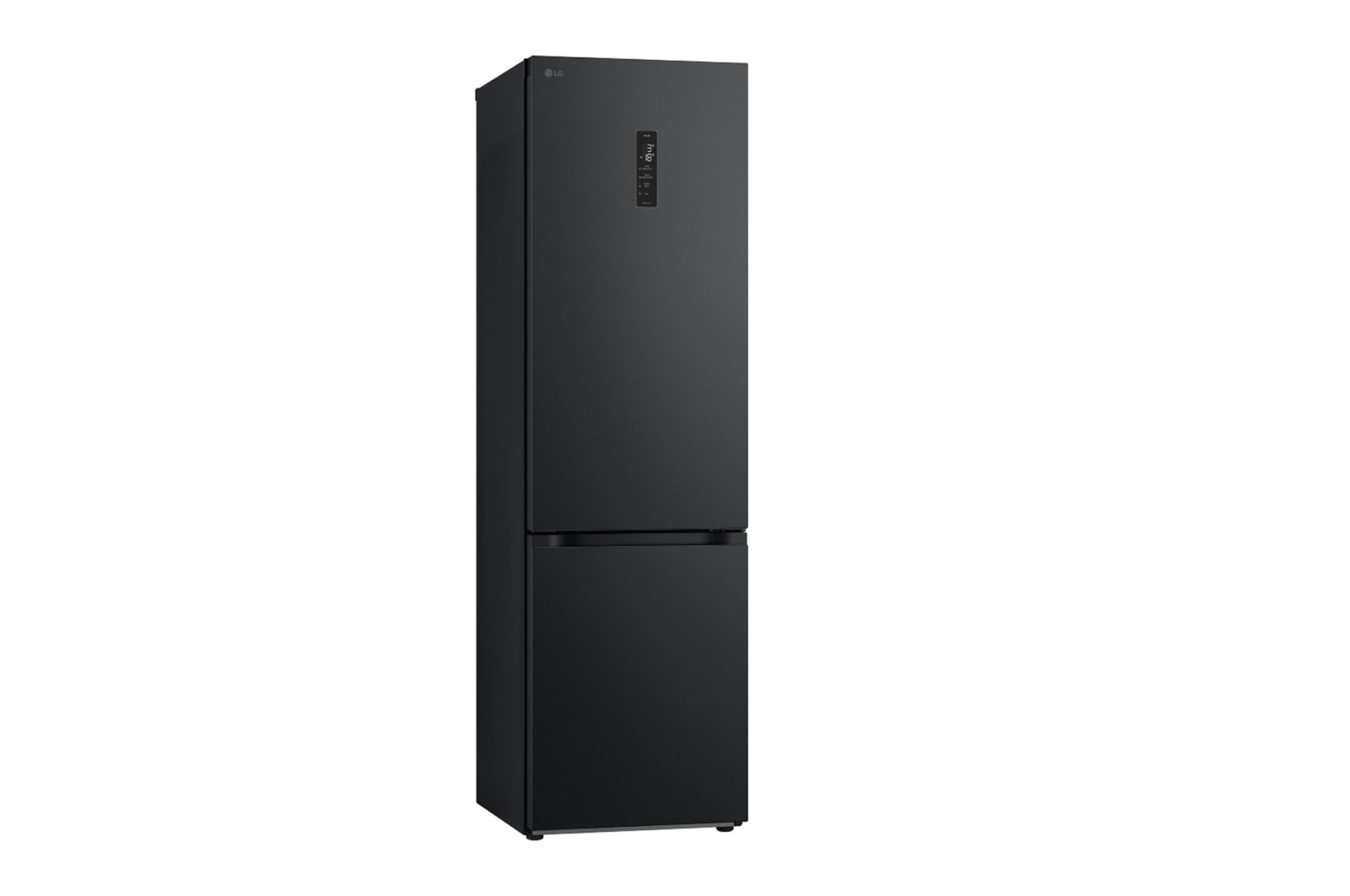 Un frigorifero LG nero su sfondo bianco. Ha due porte e un display LED.