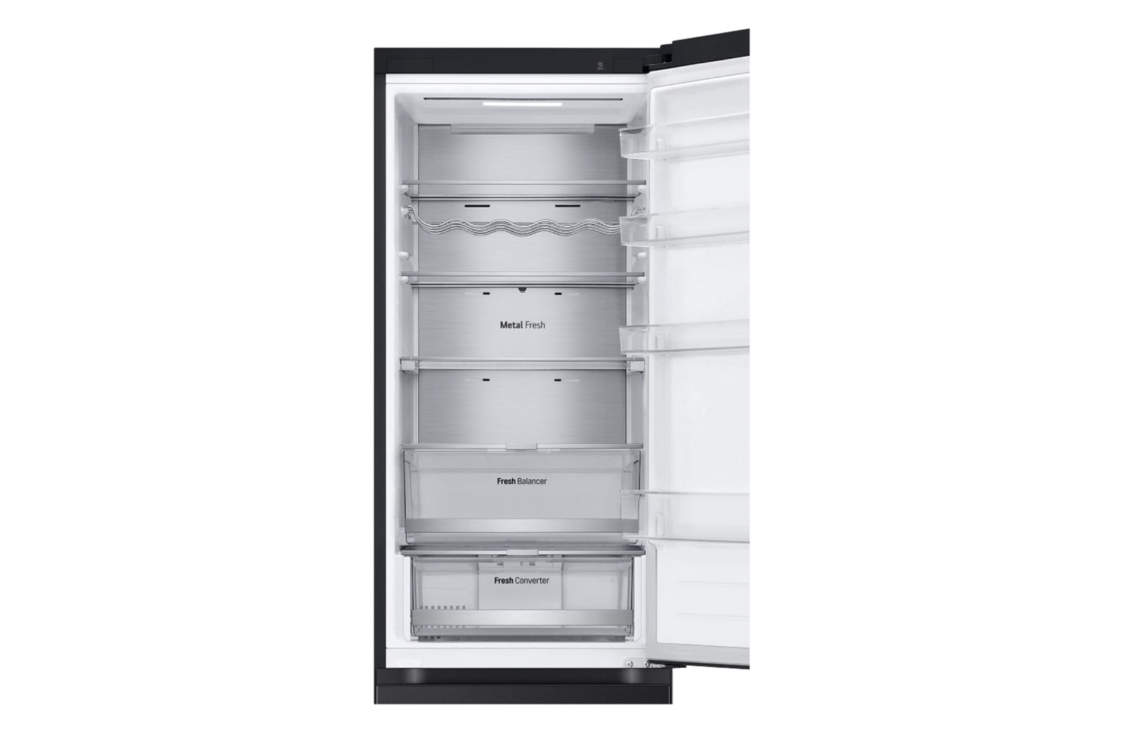 Interno frigorifero aperto con ripiani e cassetti. Le etichette indicano Metal Fresh, Fresh Balancer e Fresh Converter.