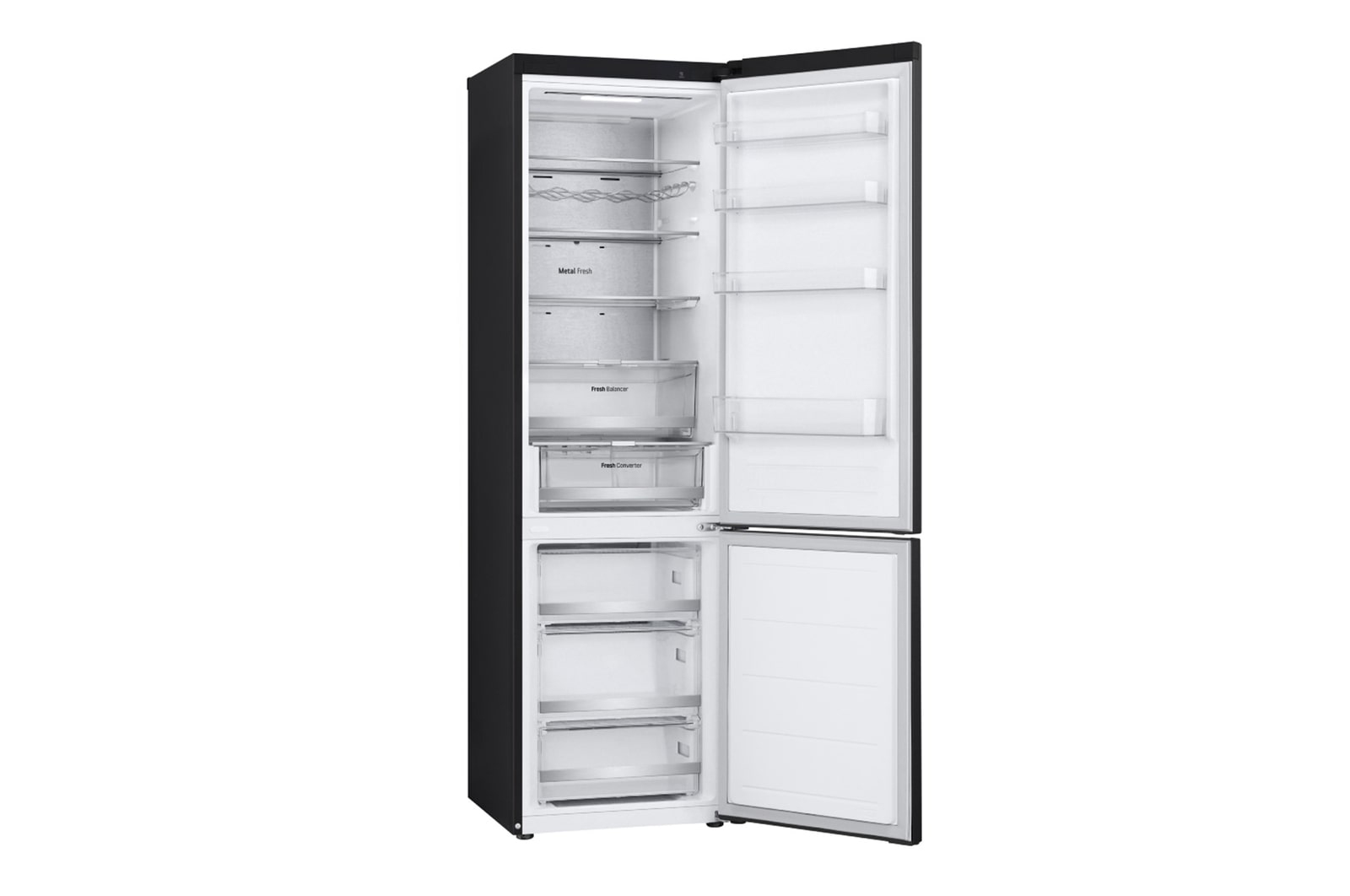 Frigorifero nero aperto con interno bianco. Scaffali, cassetti ed etichette 'Metal Fresh', 'Fresh Balancer', 'Fresh Converter' sono visibili.