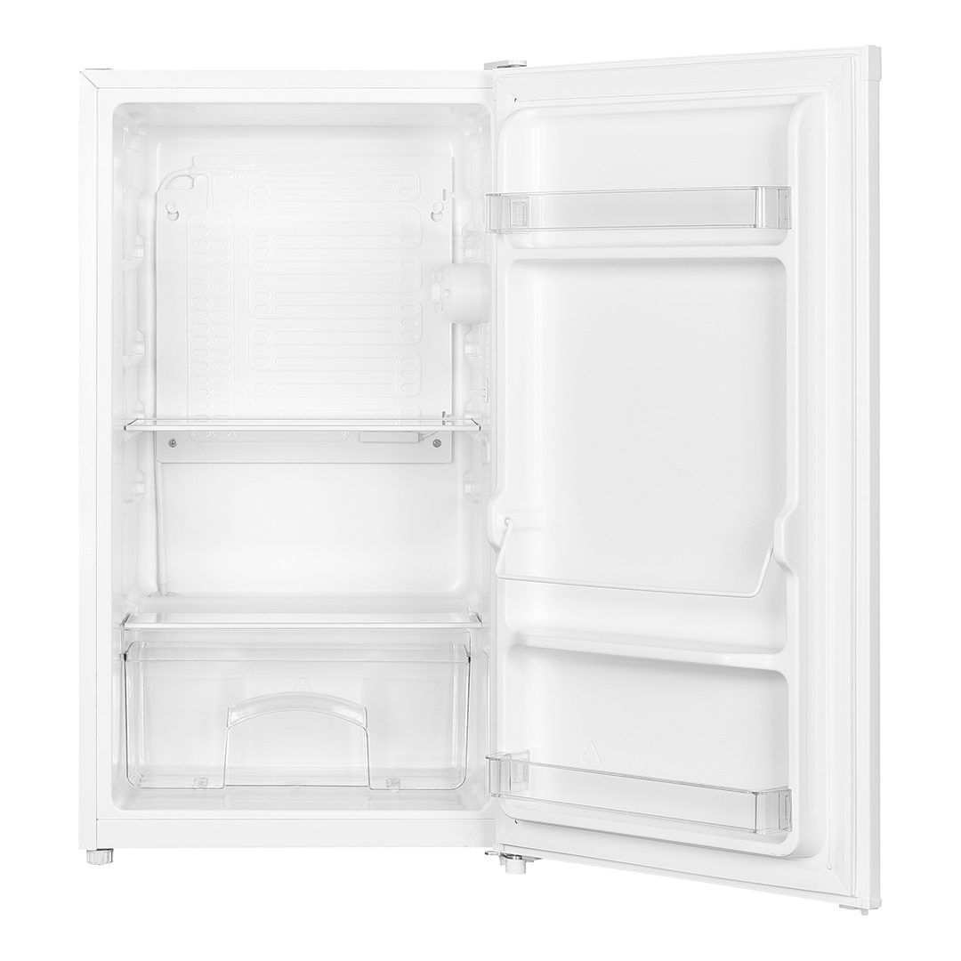 Un refrigerador blanco abierto y vacío. La puerta está entreabierta, revelando estantes y compartimentos transparentes. El interior es limpio y minimalista.