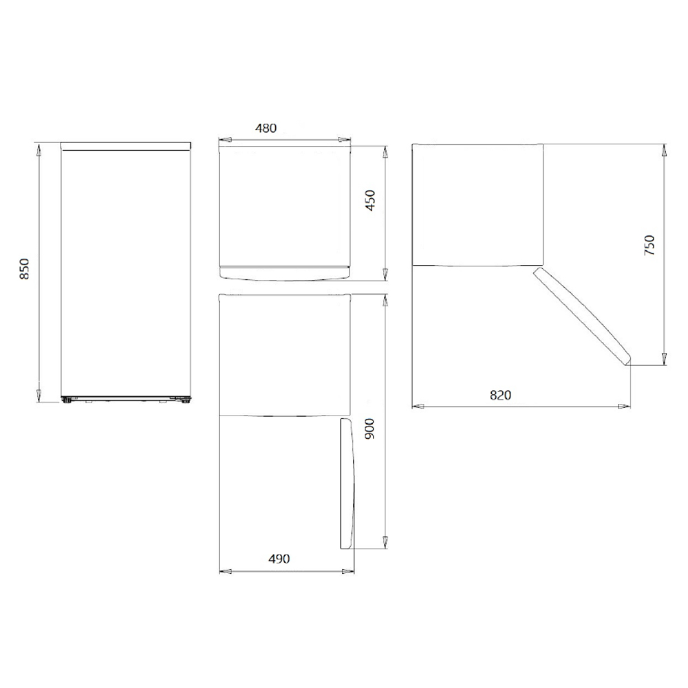 Dibujo técnico de un electrodoméstico de cocina, mostrando diferentes vistas y dimensiones en milímetros. El estilo es simple y esquemático.