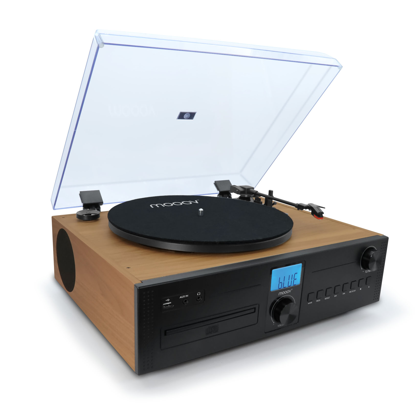 Un tocadiscos con cubierta transparente, plato negro y base de madera. La pantalla dice 'BLUE'.