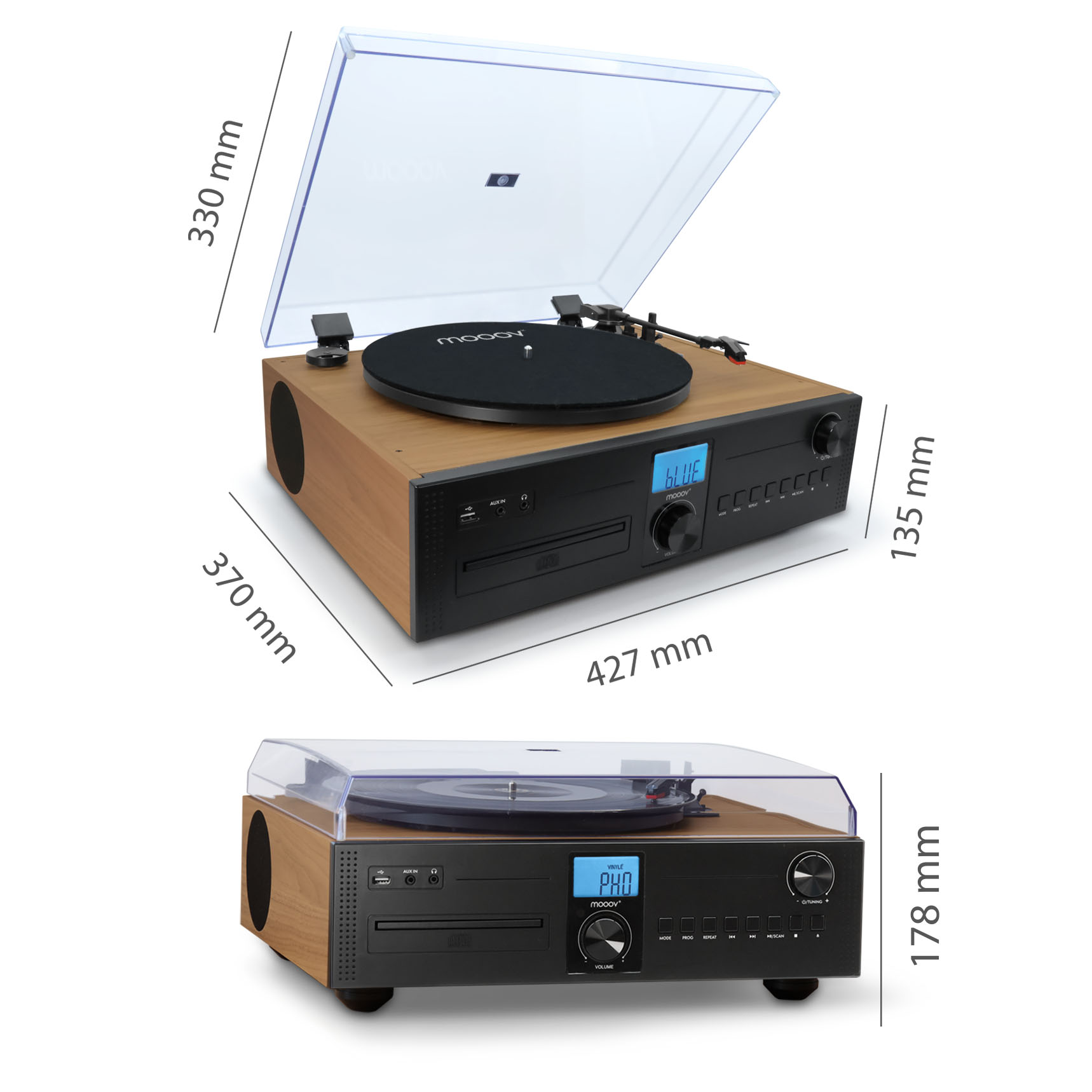 Un tocadiscos con acabado de madera, panel frontal negro, tapa transparente y dimensiones etiquetadas. Arriba se ve un disco.