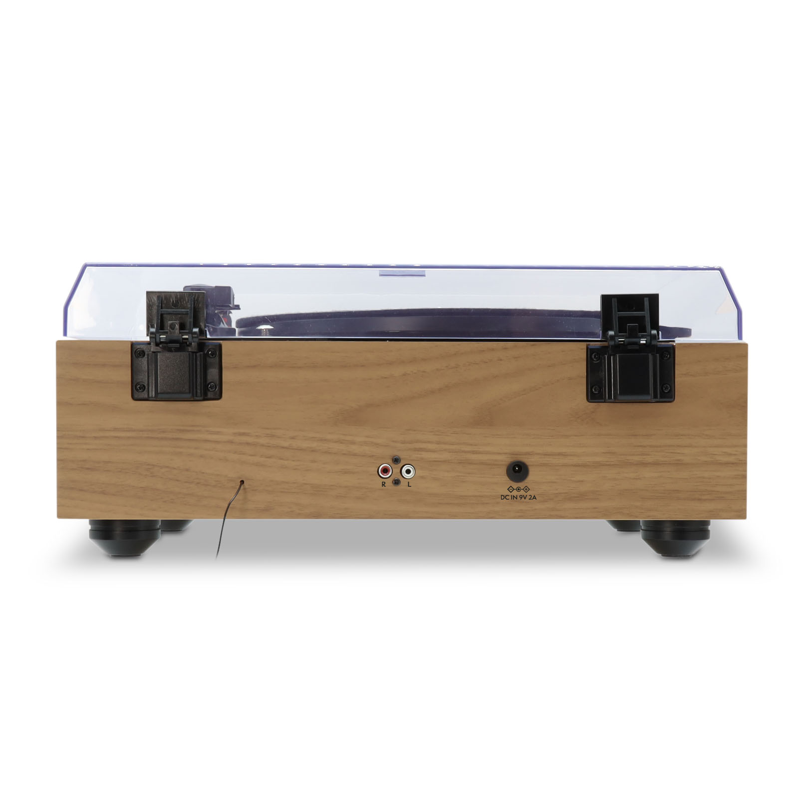 Un tocadiscos con base de madera y cubierta transparente. La parte trasera tiene conectores de entrada y puerto de alimentación.