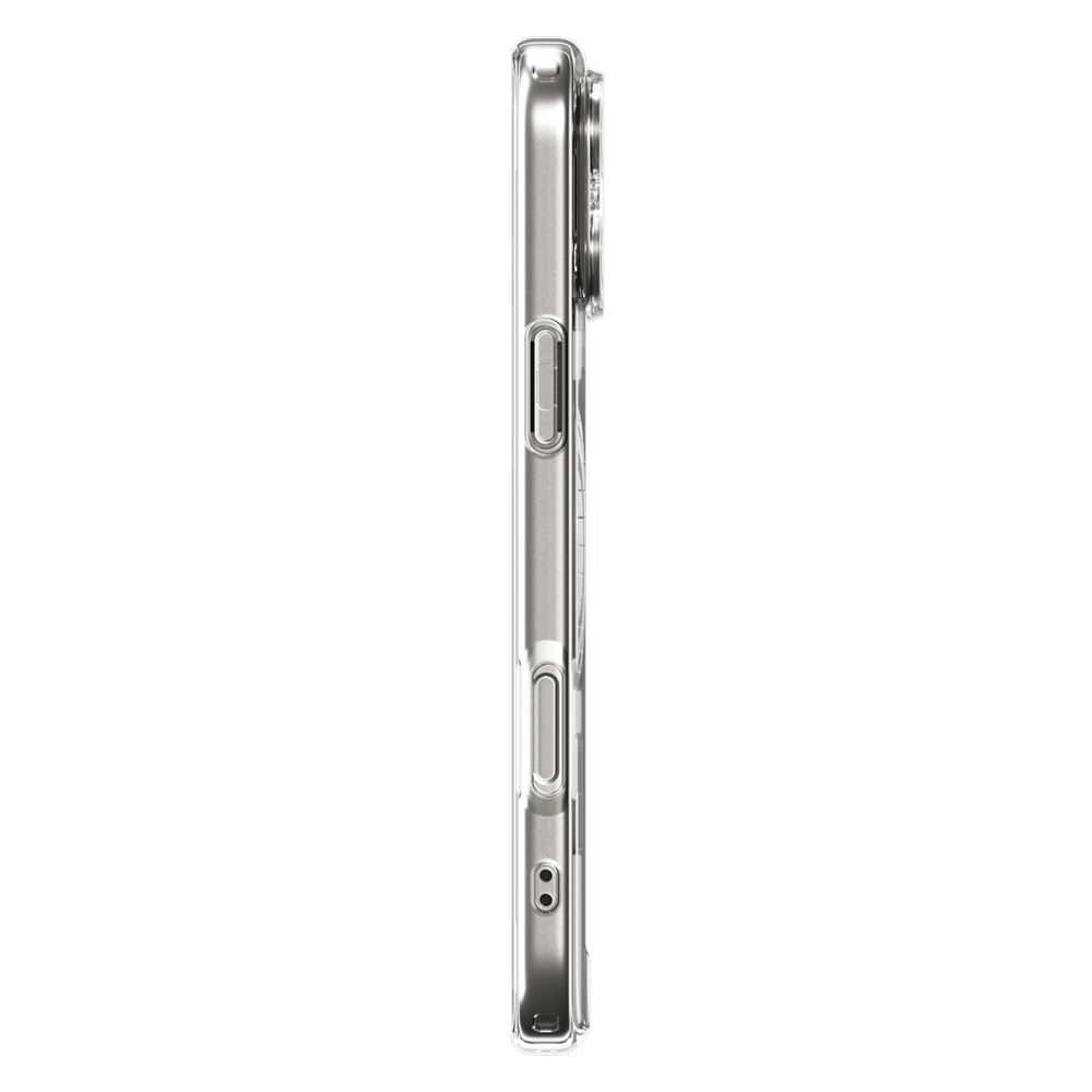 Vue latérale d'une coque de téléphone transparente. Elle a une découpe pour l'appareil photo, des boutons et est en matériau transparent. Le fond est blanc.