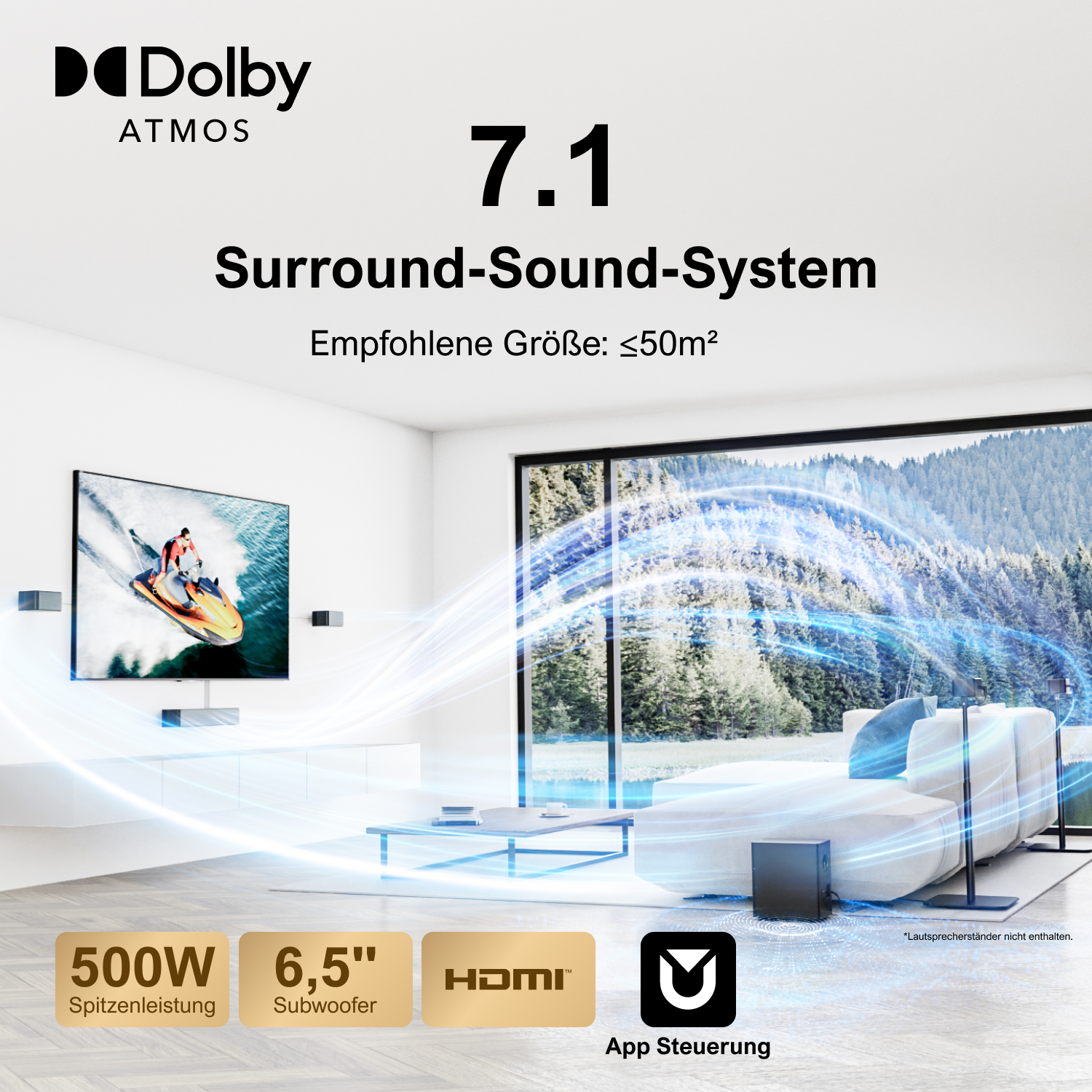 Wohnzimmer mit Soundsystem. Text enthält Dolby Atmos, 7.1 Surround-Sound und Größe. Anzeige zeigt Jetski. Enthält HDMI und App-Steuerung.