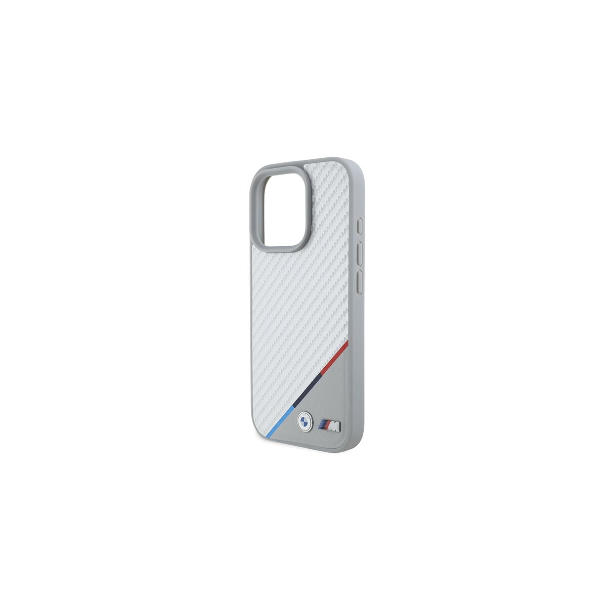 Una custodia per iPhone. È grigia con un retro bianco strutturato. Ha strisce rosse, blu e un logo BMW.