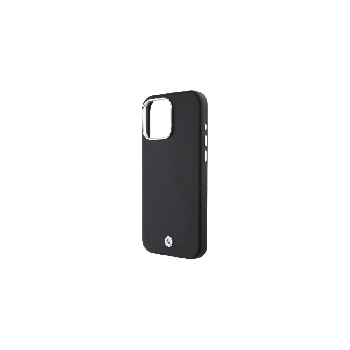 Una custodia per telefono nera con un ritaglio argentato per la fotocamera. La custodia ha un pulsante in basso, con sfondo bianco.