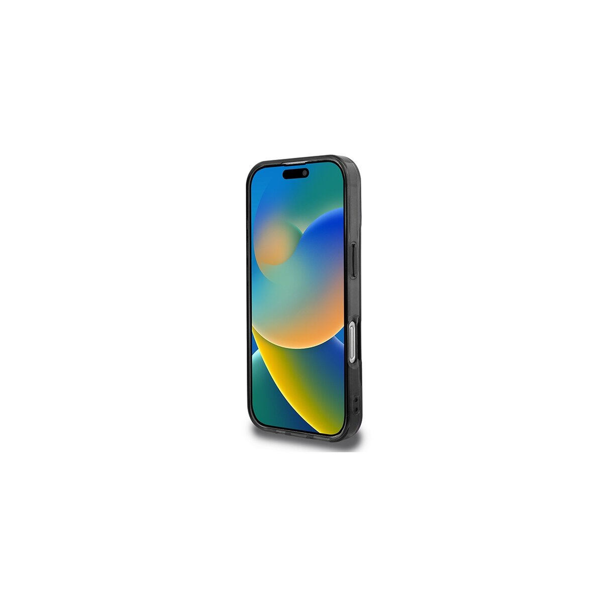 Un iPhone con custodia nera, che mostra uno sfondo colorato. Il telefono è in piedi su uno sfondo bianco.