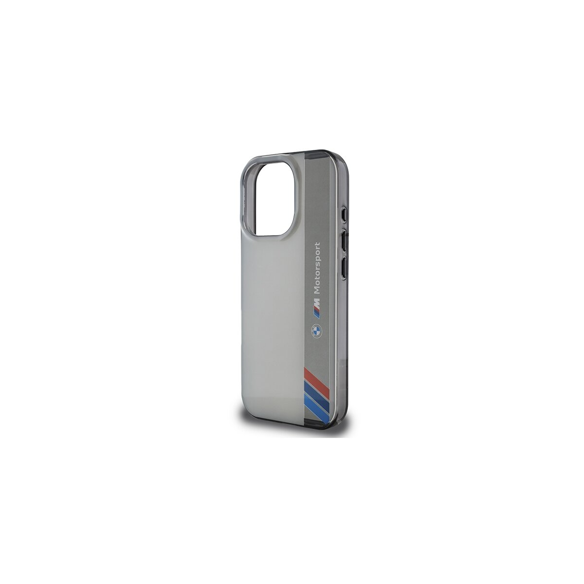 Una custodia per telefono con un design argento e bianco. Presenta il logo BMW Motorsport e strisce rosse, blu e nere.