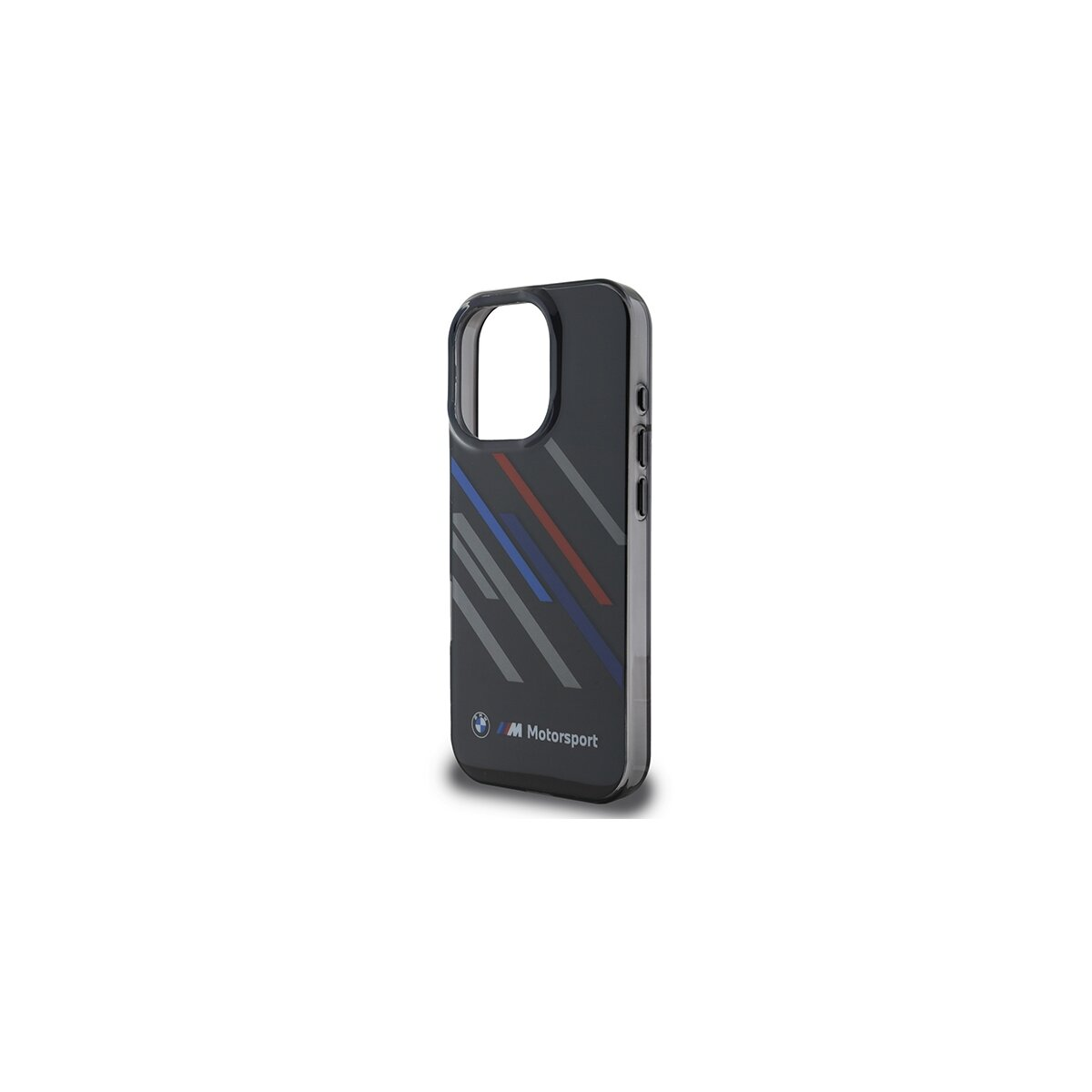 Una custodia scura per telefono con il logo BMW Motorsport. Ha strisce rosse, blu e grigie sul retro. Lo sfondo è bianco.