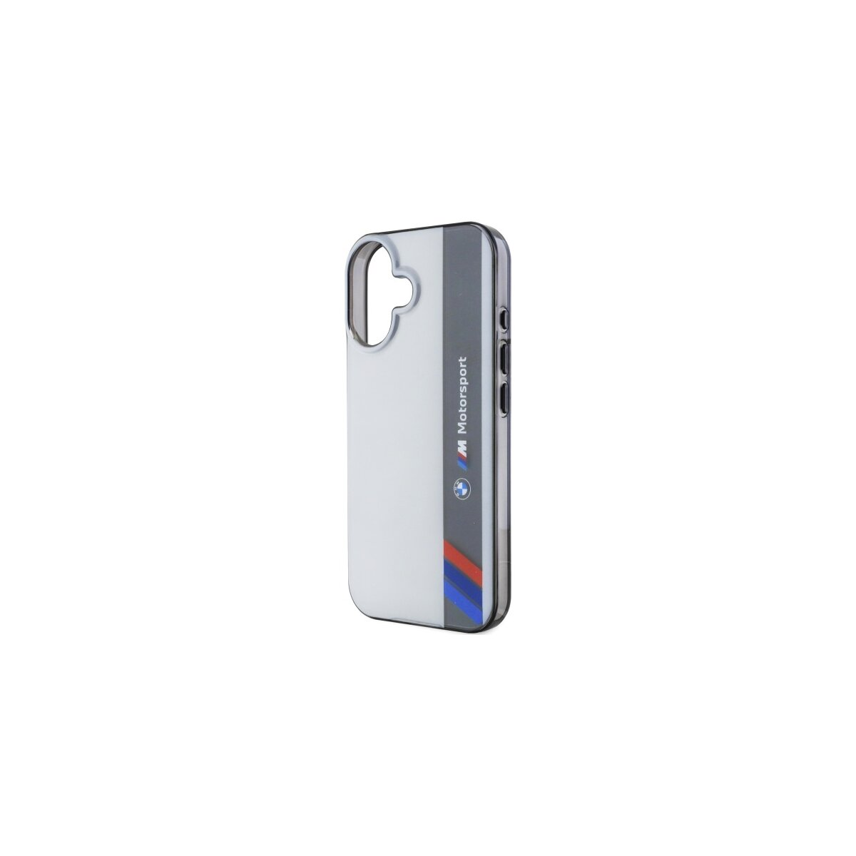 Una custodia bianca per telefono con design BMW Motorsport. Ha strisce grigie e strisce rosse e blu nella parte inferiore.