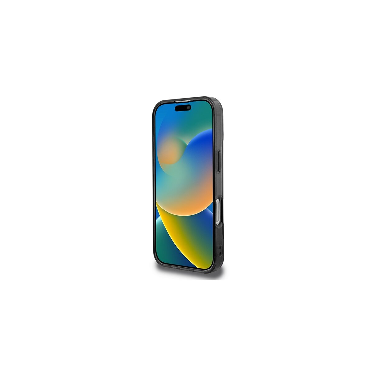 Un iPhone è in piedi, racchiuso in una custodia nera. Lo schermo mostra una sfumatura di colori blu, giallo e verde su sfondo bianco.