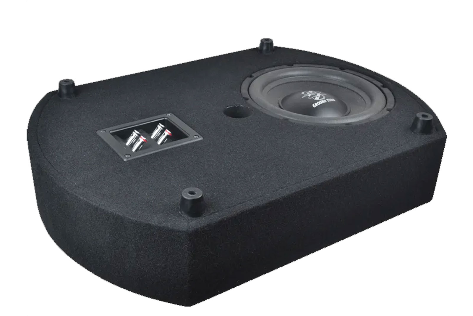 Schwarze Subwoofer-Box mit Lautsprecher. Hat Anschlüsse und Gummifüße. Der Lautsprecher hat ein Logo mit der Aufschrift 'Ground Zero'.
