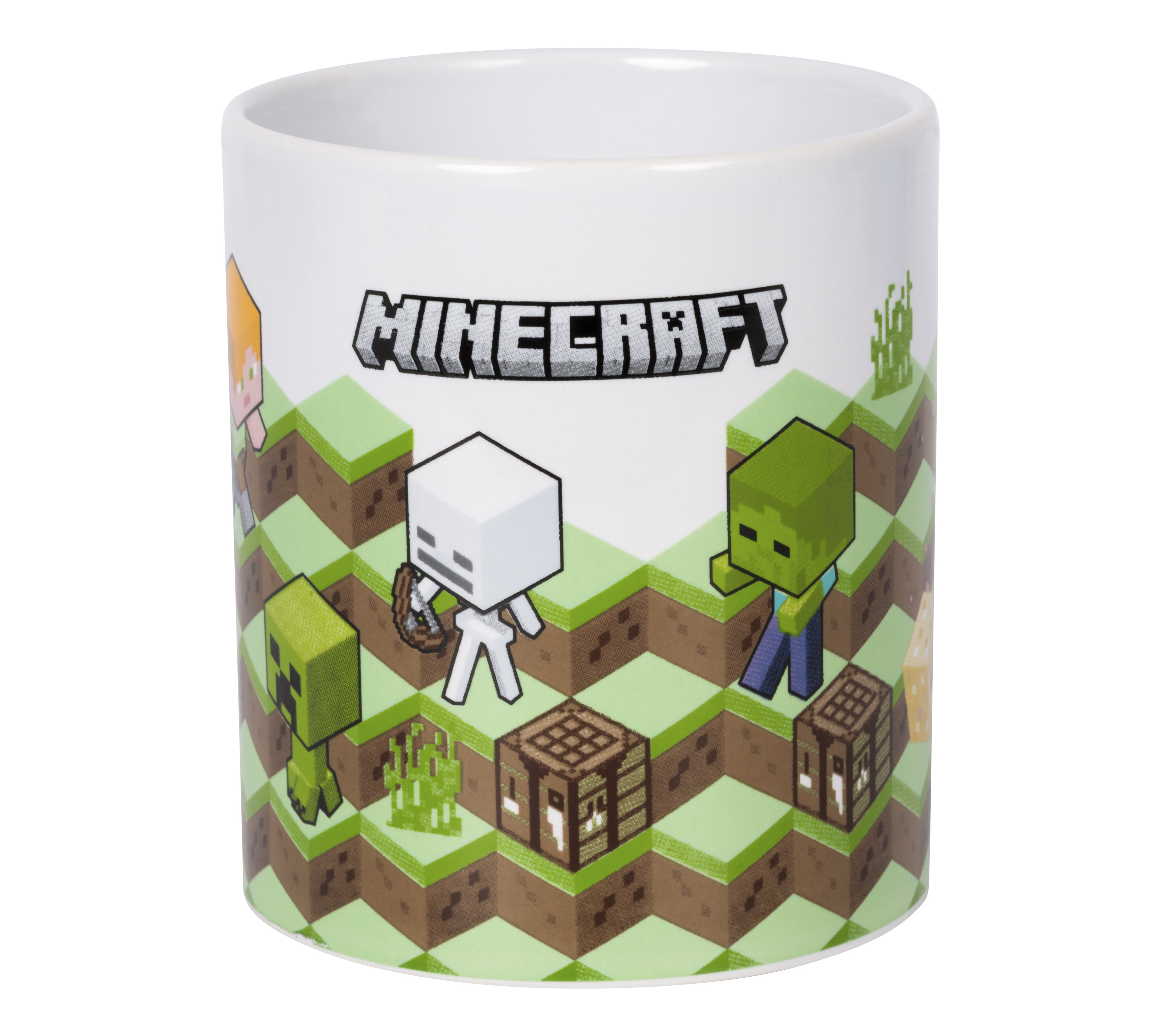 Tazza di Minecraft con personaggi come Creeper, Zombie e Scheletro su un paesaggio a blocchi.