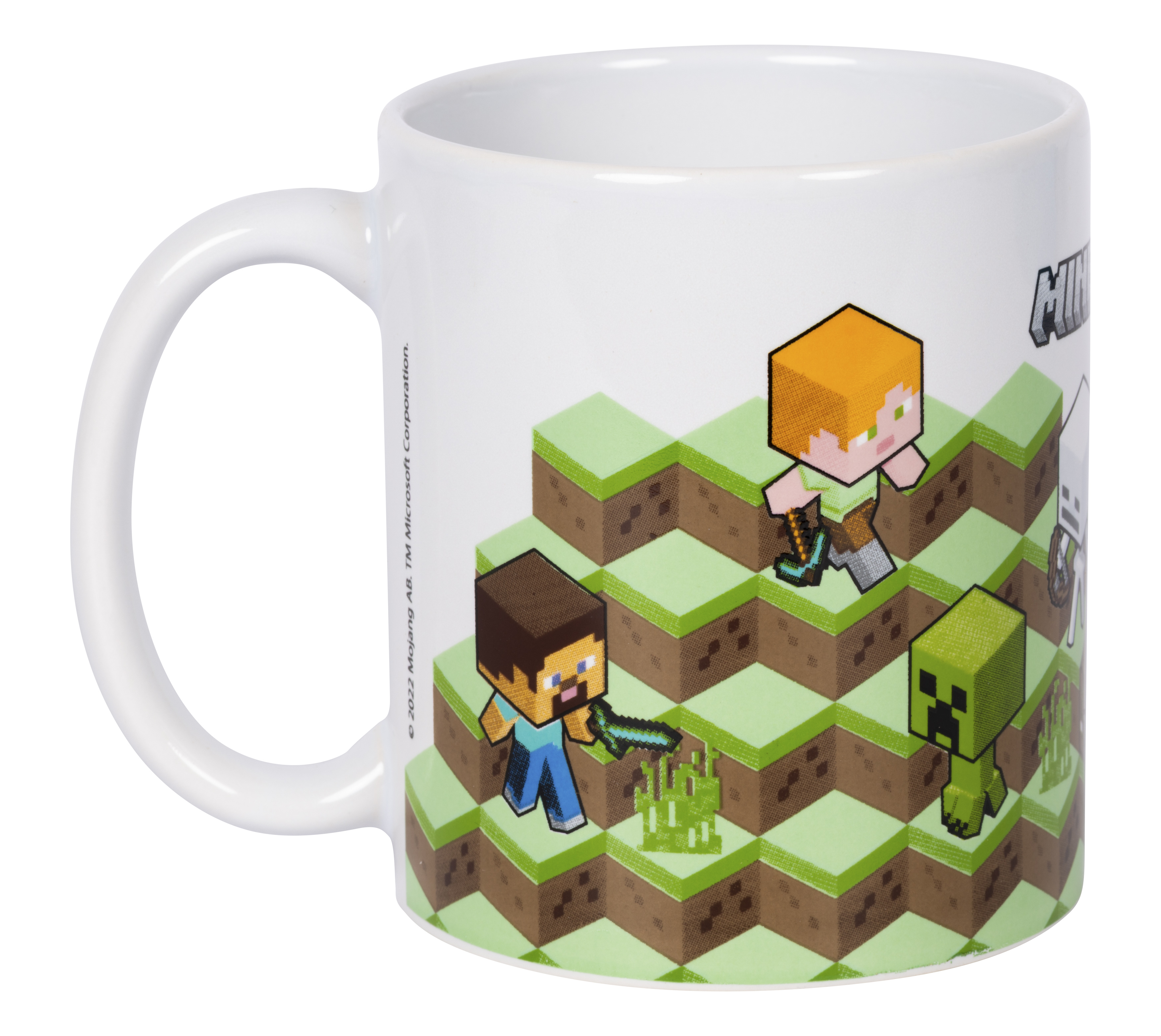 Tazza bianca di Minecraft con personaggi su sfondo di blocchi verdi e marroni.