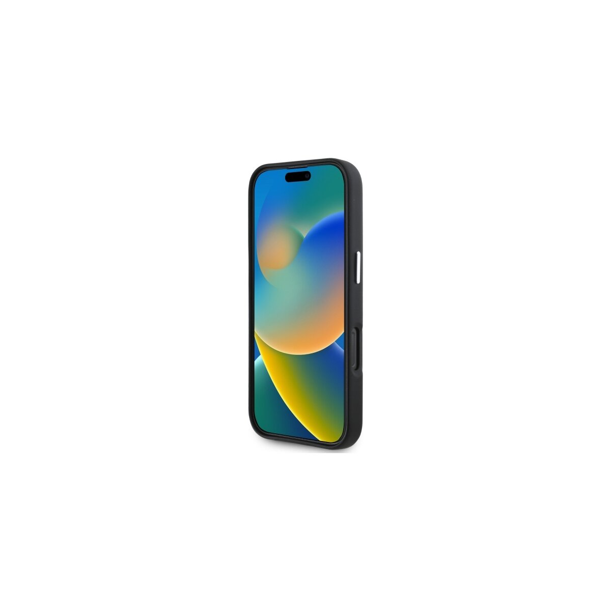 Ein schwarzes iPhone in einer schwarzen Hülle steht aufrecht. Der Bildschirm zeigt einen bunten, abstrakten Hintergrund mit Blau- und Gelbtönen.