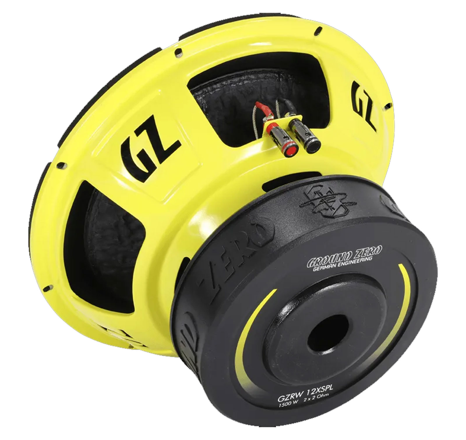 Gelber Ground Zero Subwoofer. Schwarze Akzente, GZ-Logo und Verkabelung. Modell GZRW 12XSPL. Schwarzes Gehäuse mit gelbem Rand.