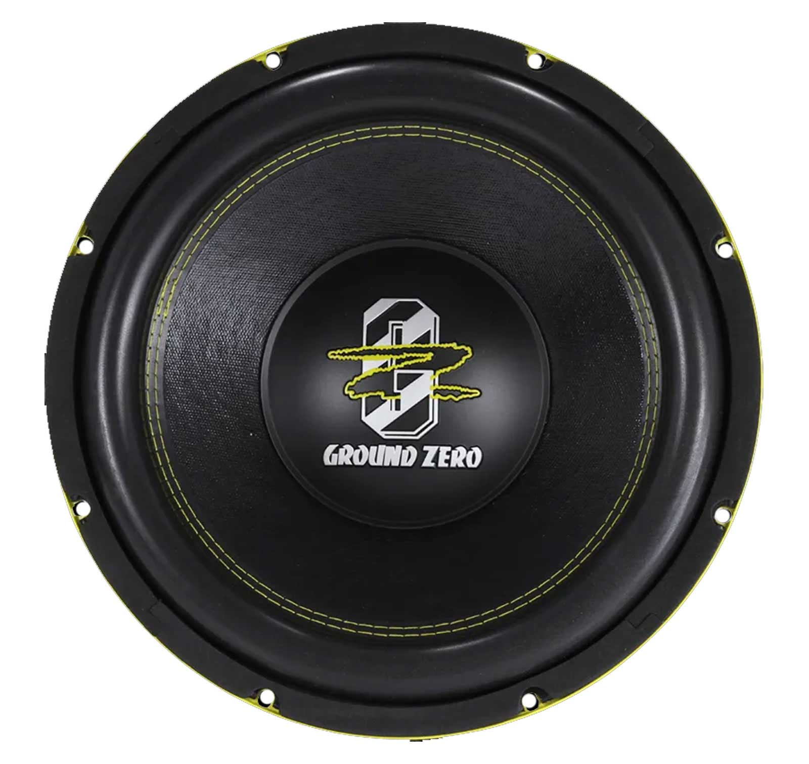 Ein schwarzer Ground Zero Subwoofer. Er hat eine gelb genähte Kante und ein Logo in der Mitte.