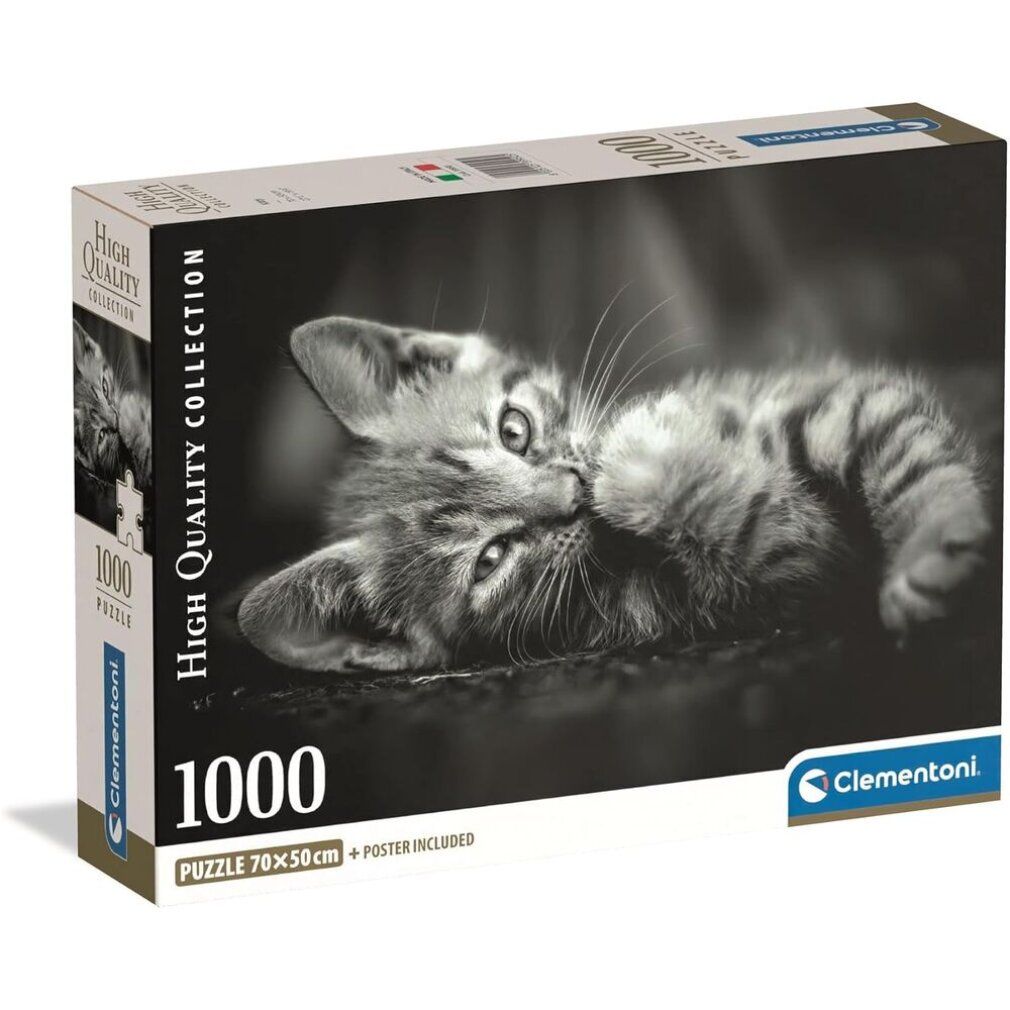 Una scatola di puzzle mostra un'immagine in scala di grigi di un gattino sdraiato. La scatola dice 'High Quality Collection' e '1000 Puzzle'.