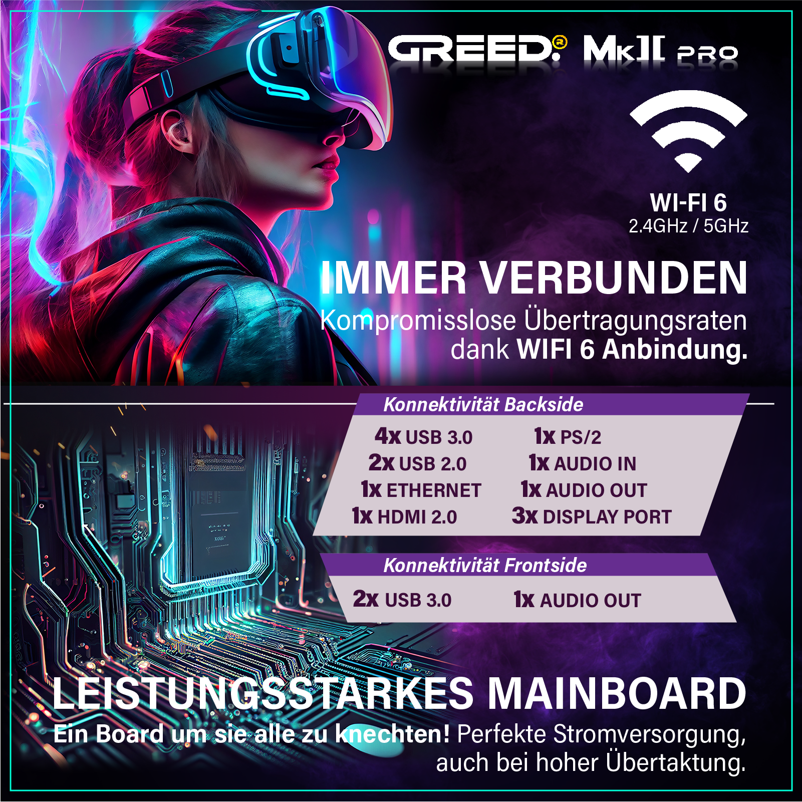 Kobieta w okularach VR. Obraz zawiera nazwę produktu, szczegóły Wi-Fi 6 i specyfikacje płyty głównej.