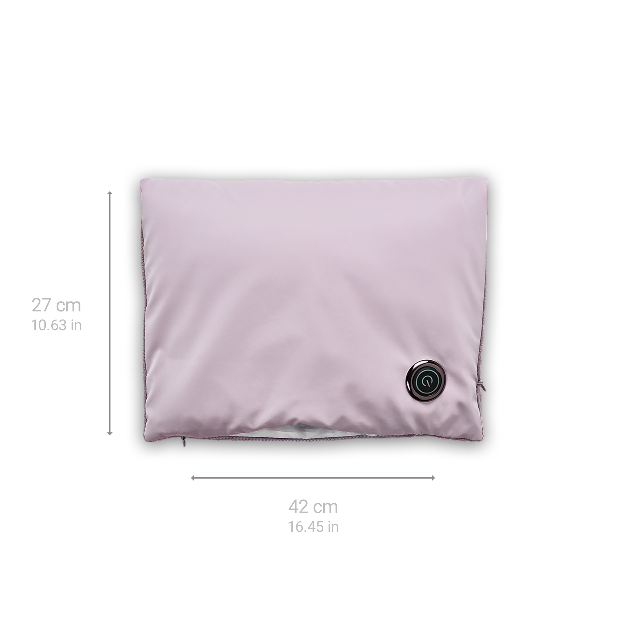 Una almohada lavanda con un botón de encendido, dimensiones 27 cm x 42 cm. La almohada está sobre un fondo blanco.