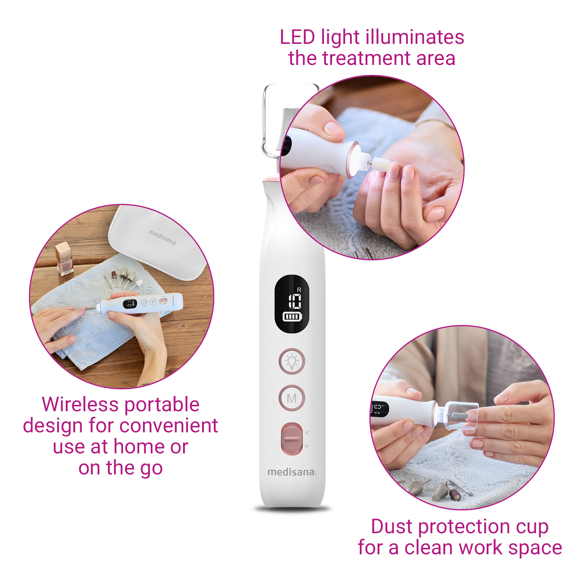 Białe urządzenie do pielęgnacji paznokci z trzema okrągłymi wstawkami pokazującymi użytkowanie i funkcje. Urządzenie posiada wyświetlacz cyfrowy i przyciski.