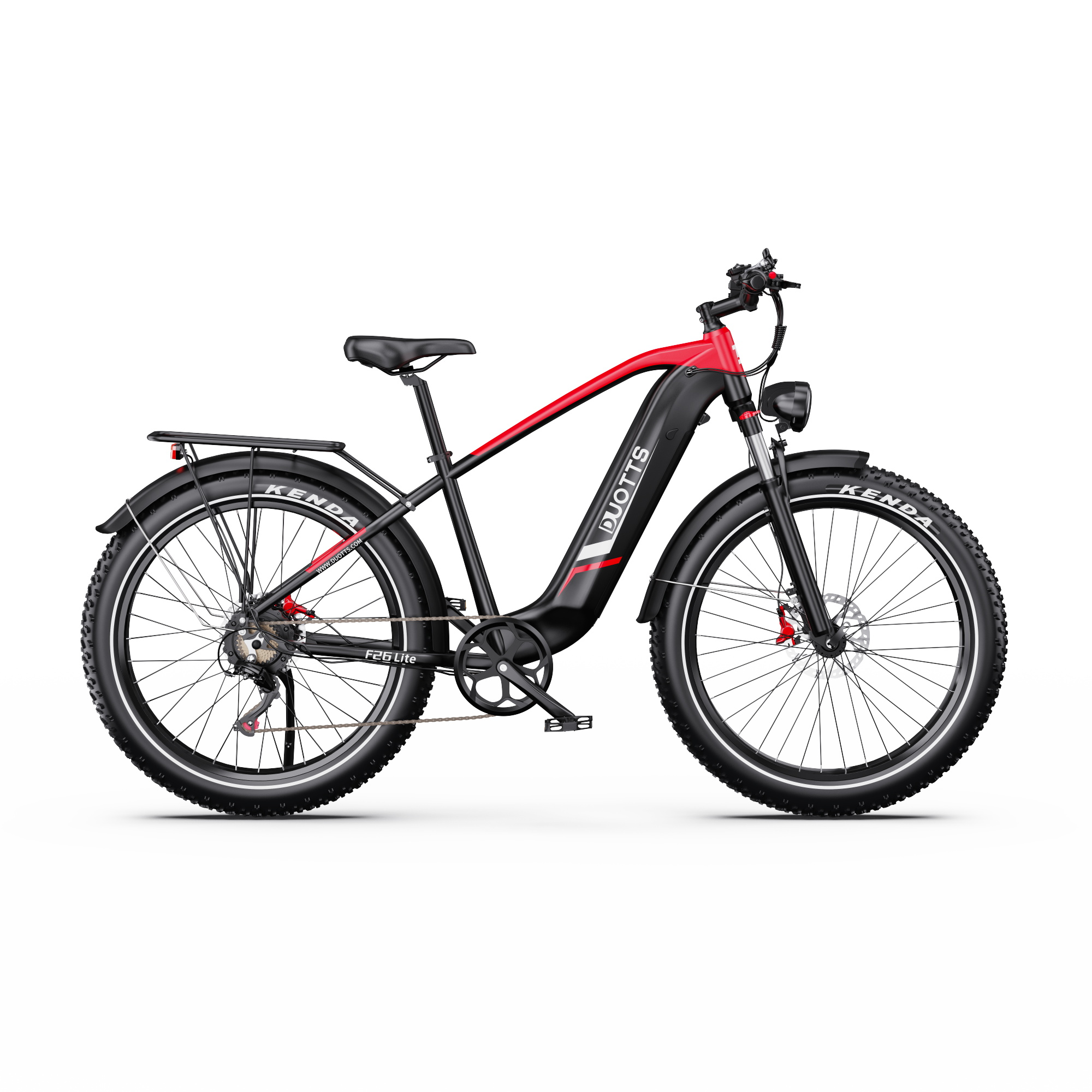 Una bicicletta elettrica nera e rossa con pneumatici spessi, e il marchio 'DUOTTS' è visibile sul telaio.