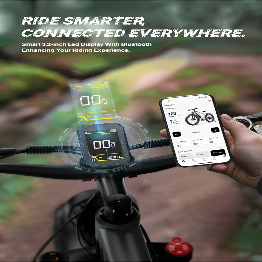 Un display per e-bike mostra velocità e distanza. Un telefono mostra le statistiche della bici, tenuto in mano. Testo: 'Guida più intelligente, connesso ovunque'.