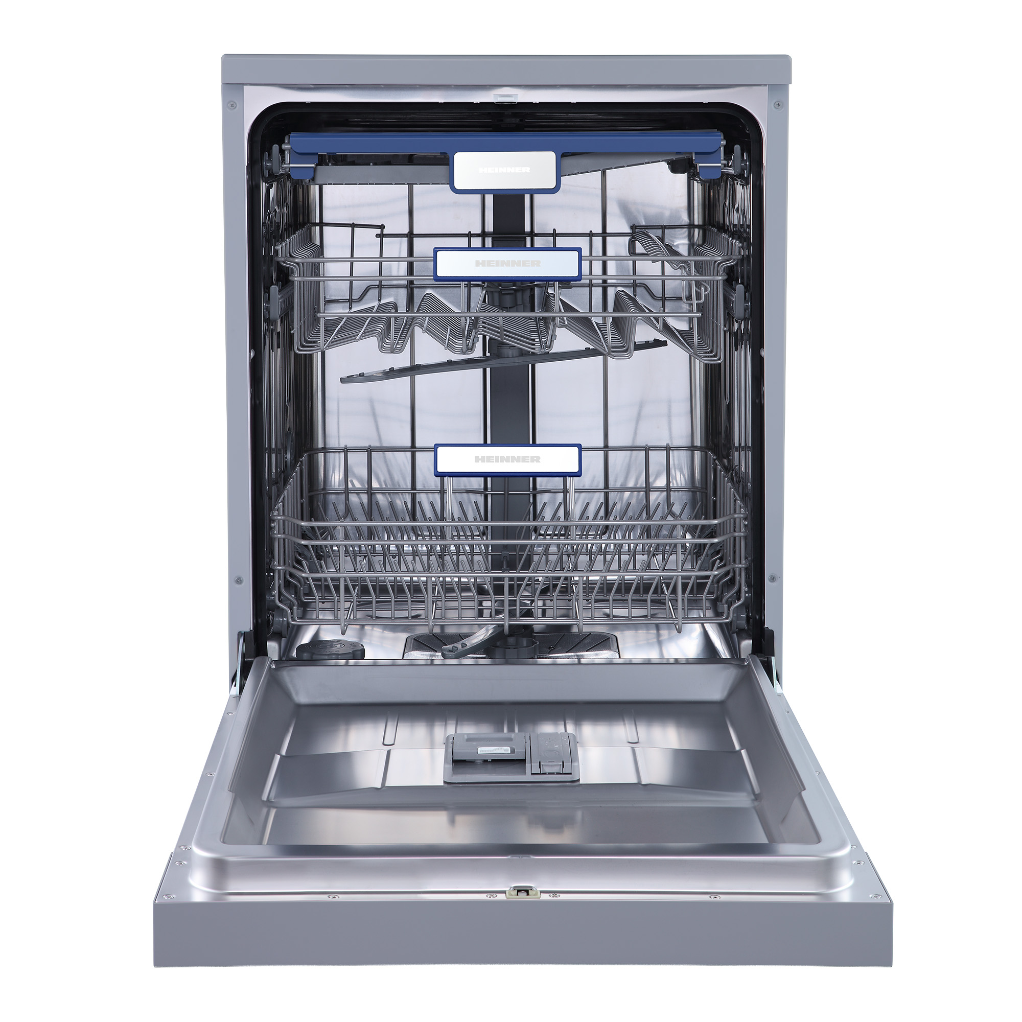Open dishwasher with two racks. HEINNER brand name is visible. Stainless steel interior. Door is open, showing the inside.