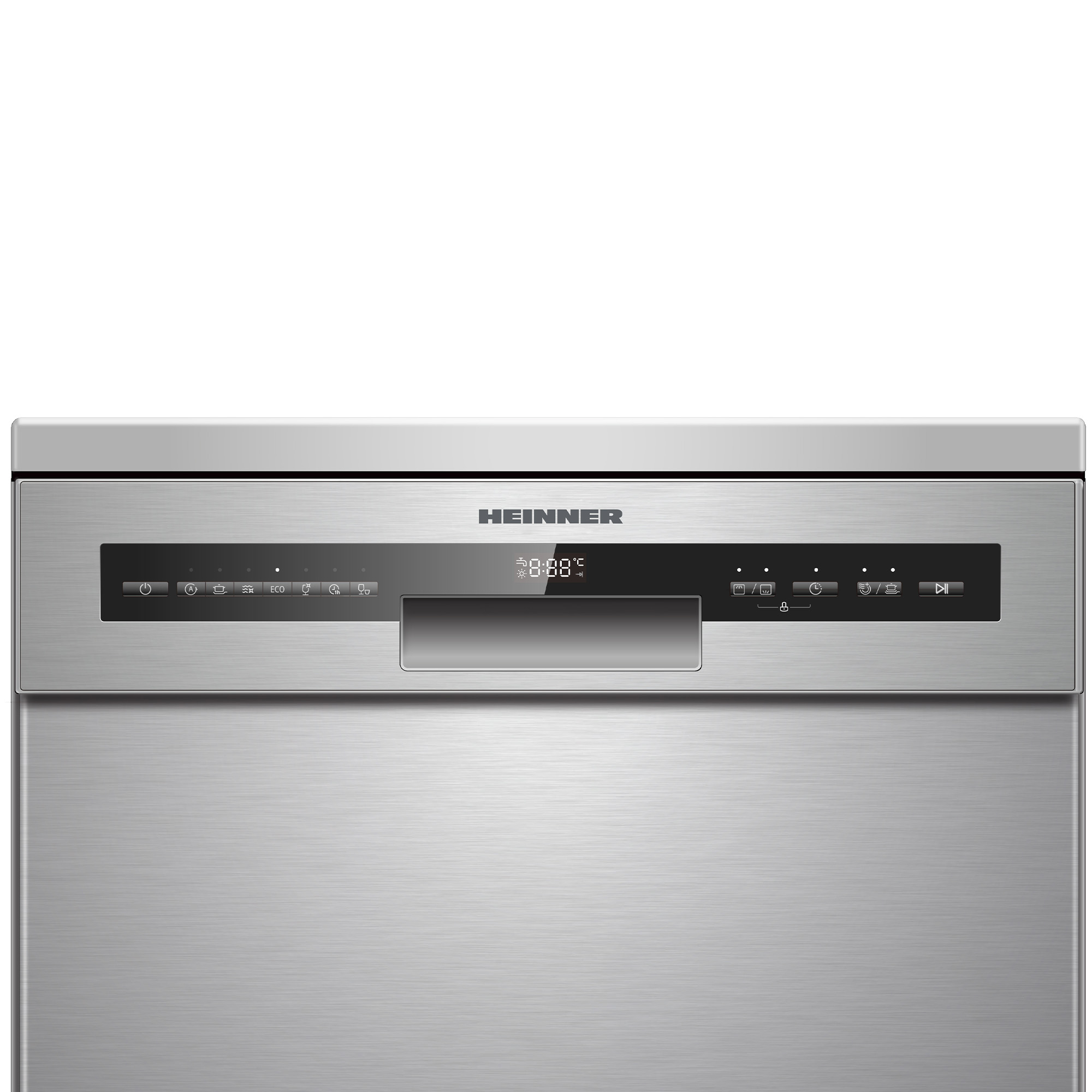 A close-up of a silver HEINNER dishwasher. It has buttons and a digital display showing the time and temperature.
