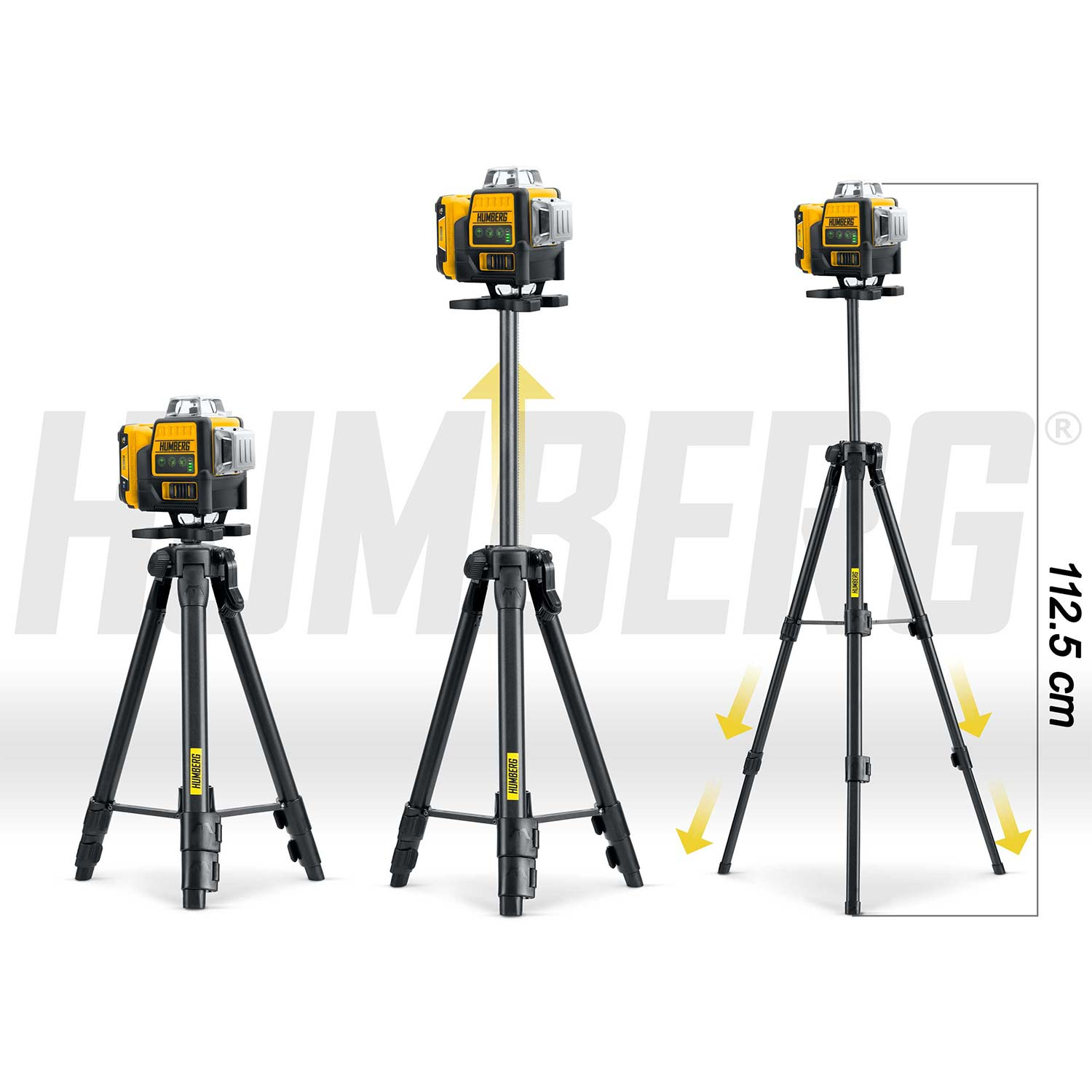 Trzy poziomice laserowe na statywach. Żółto-czarne urządzenia. Prawy pokazuje 112,5 cm wysokości. Strzałki wskazują nogi.