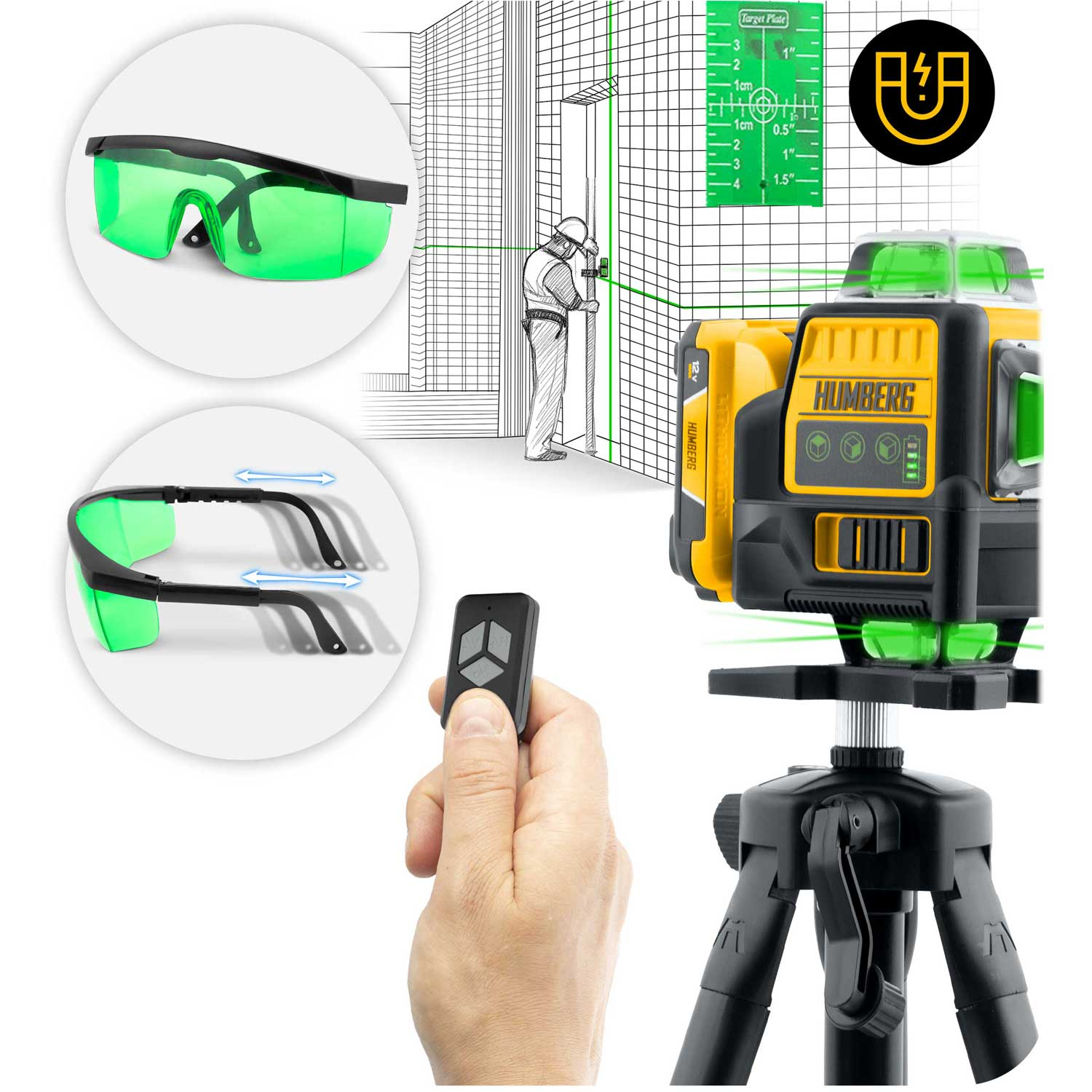 Zestaw poziomicy laserowej zawiera okulary, pilota i statyw. Poziomica jest żółta i czarna. Osoba pracuje na ścianie.