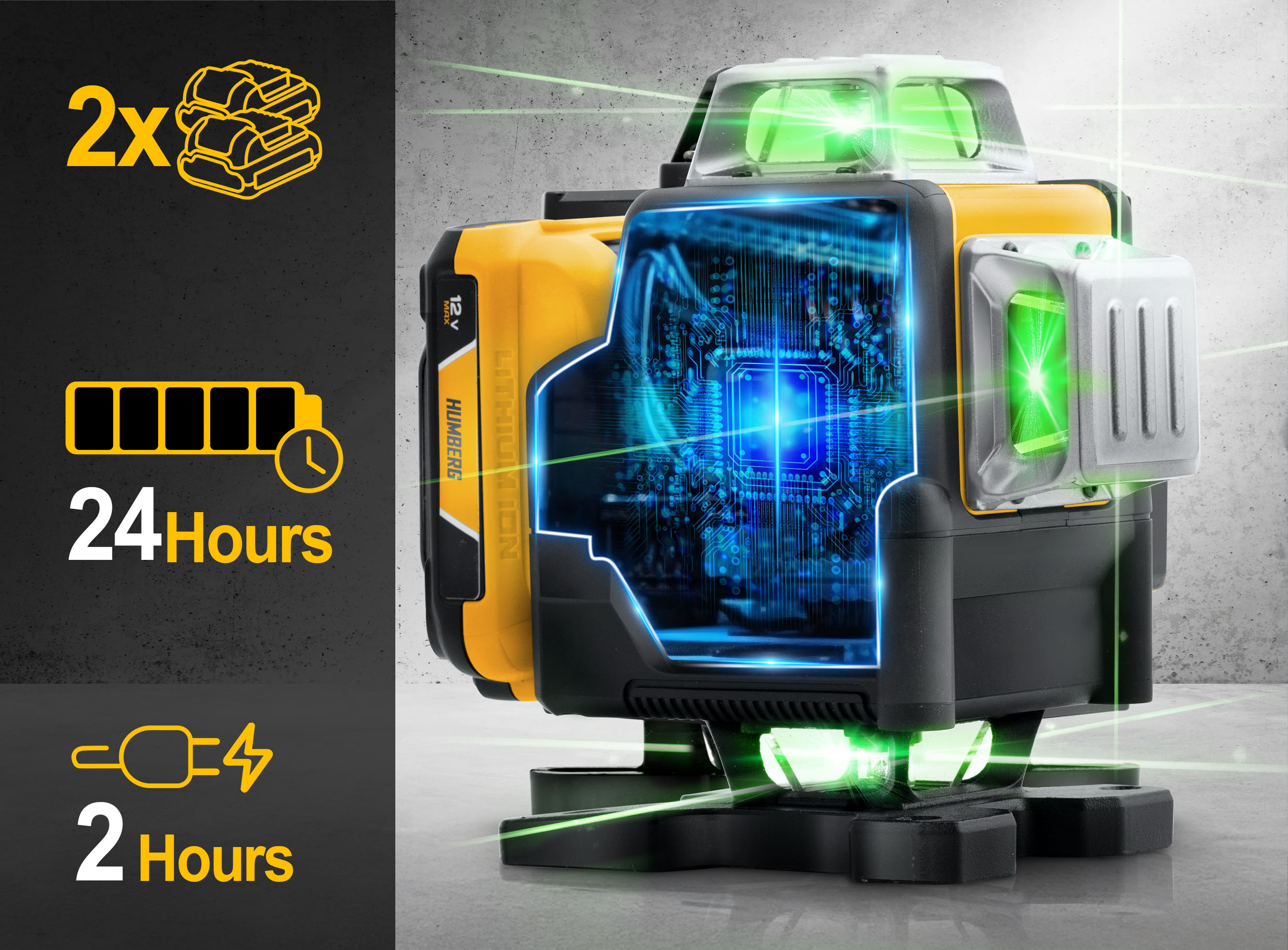 Żółto-czarna poziomica laserowa. Posiada zielone lasery, konstrukcję płytki drukowanej oraz ikony wskazujące żywotność baterii i czas ładowania.