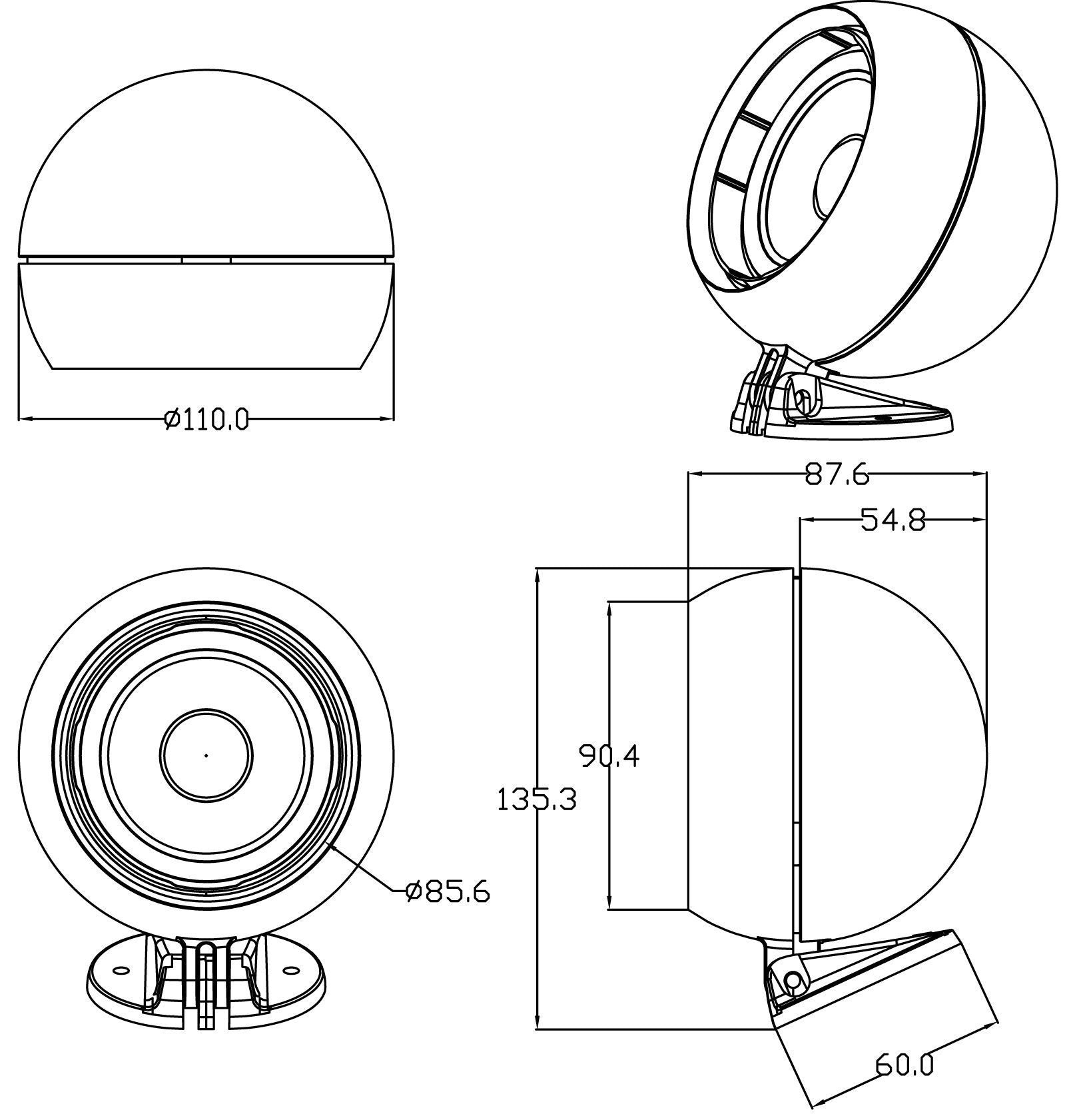 Technische Zeichnung eines Lautsprechers. Zeigt verschiedene Ansichten mit Maßen. Der Lautsprecher hat ein kugelförmiges Design.