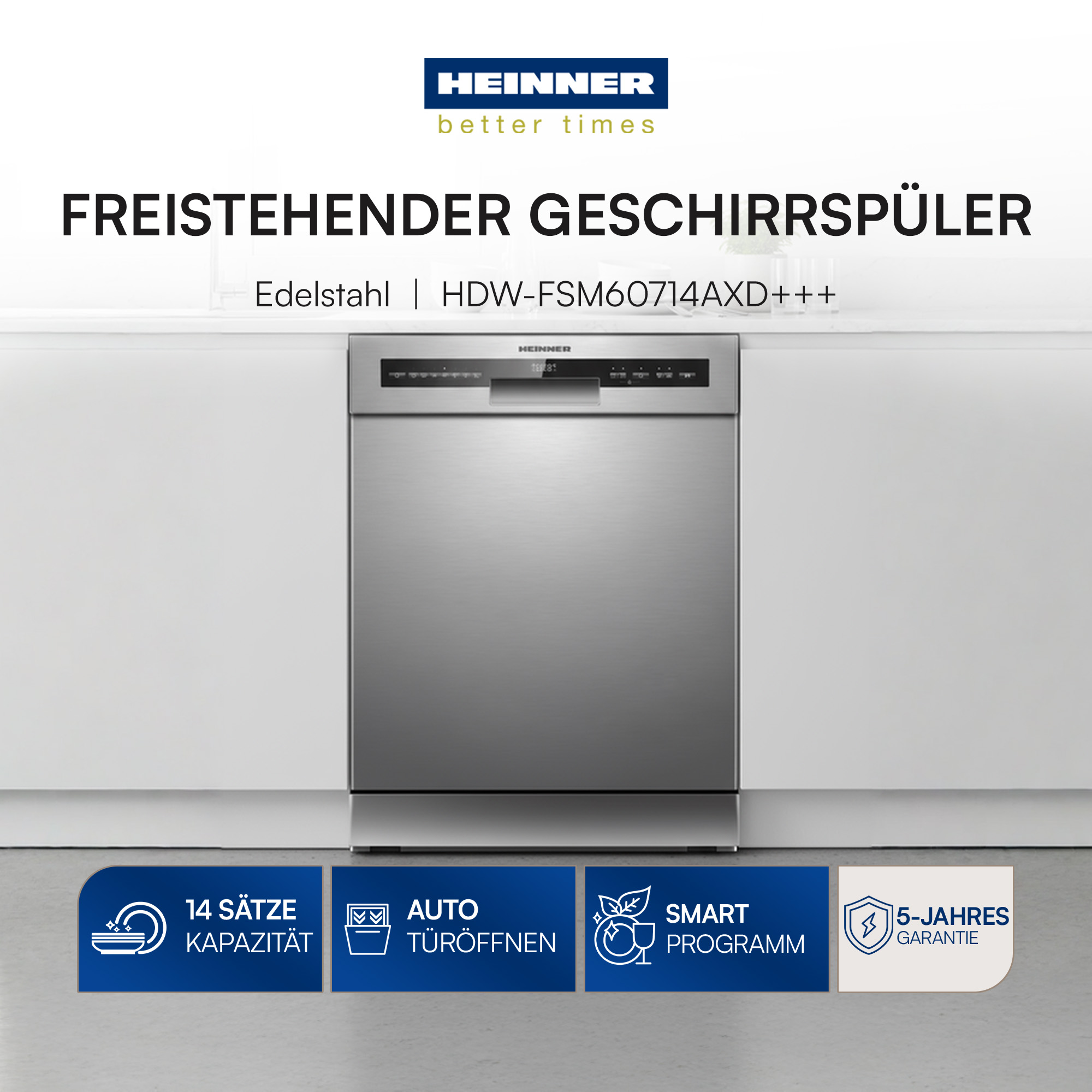A stainless steel dishwasher with the brand name 'Heinner'. It has a control panel and icons for features like auto-open.