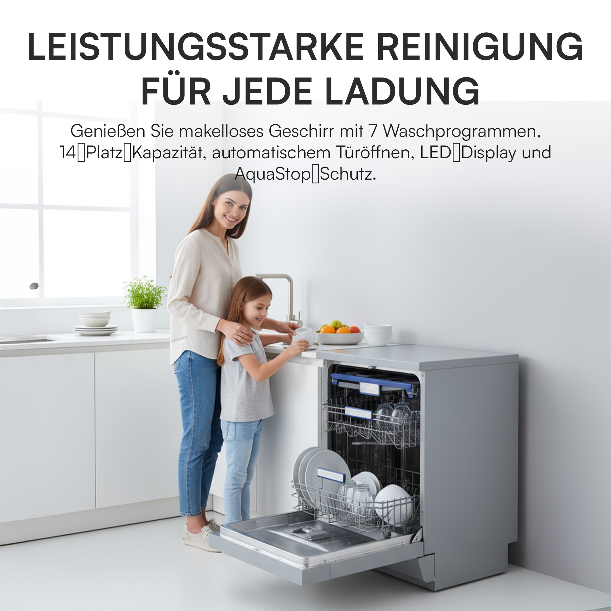 A woman and girl load a dishwasher with dishes. Text at top says 'Powerful cleaning for every load'.