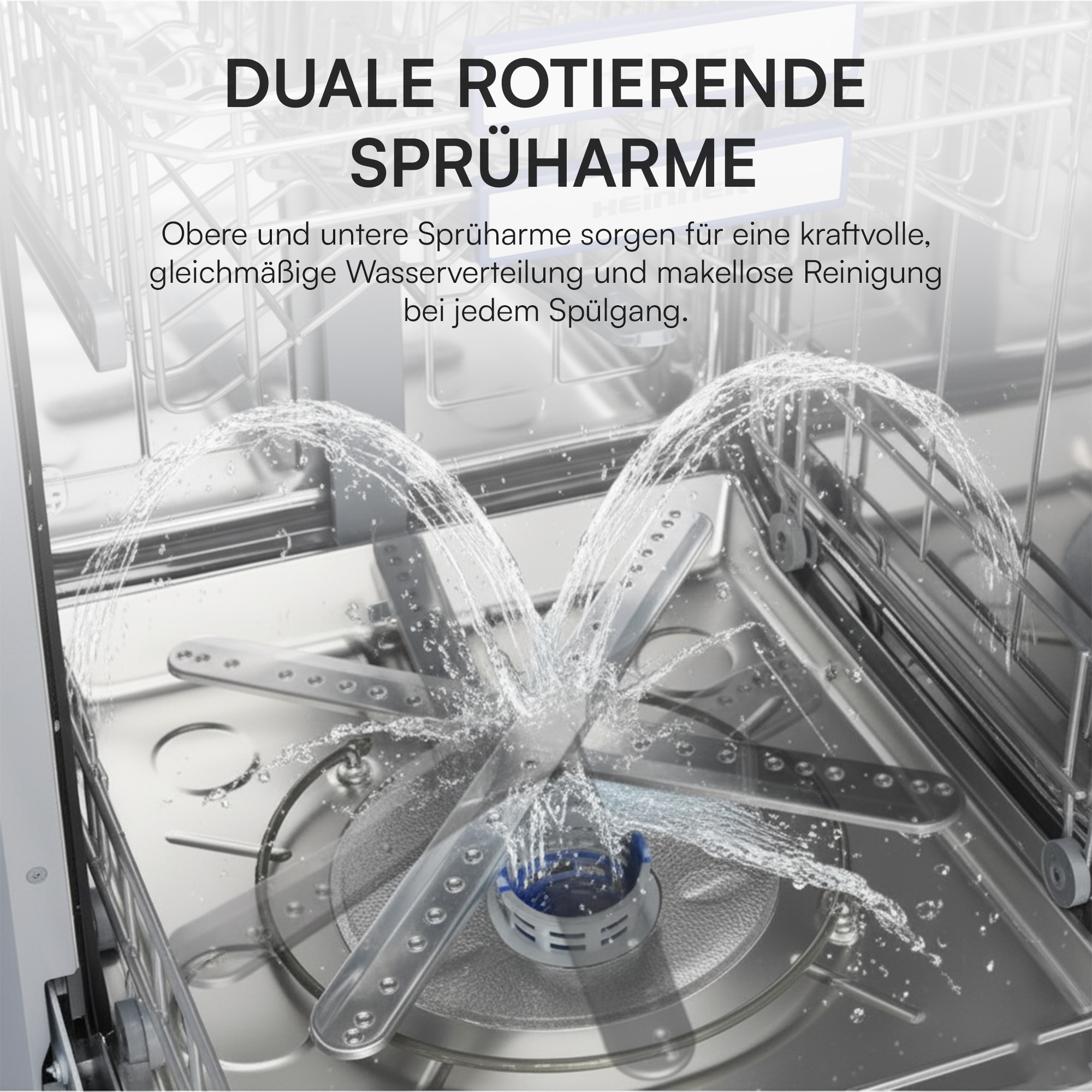 A dishwasher interior with water spraying from dual rotating arms. The image is a product advertisement.