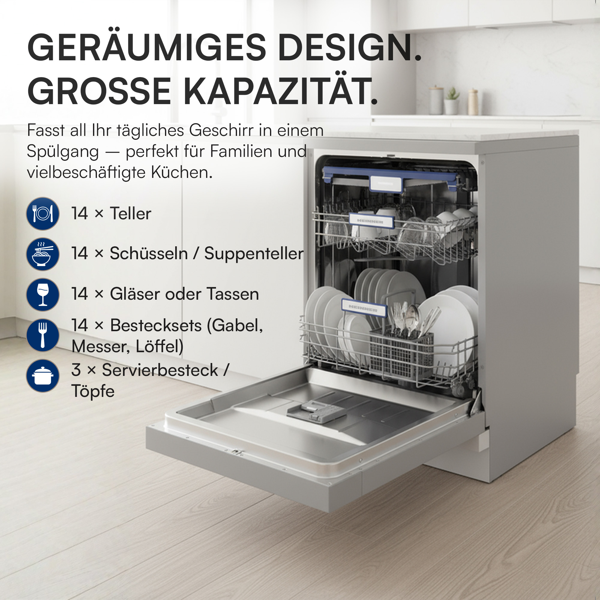 A dishwasher with open door, filled with dishes. Text displays capacity details, mentioning plates, bowls, glasses, cutlery, and pots.