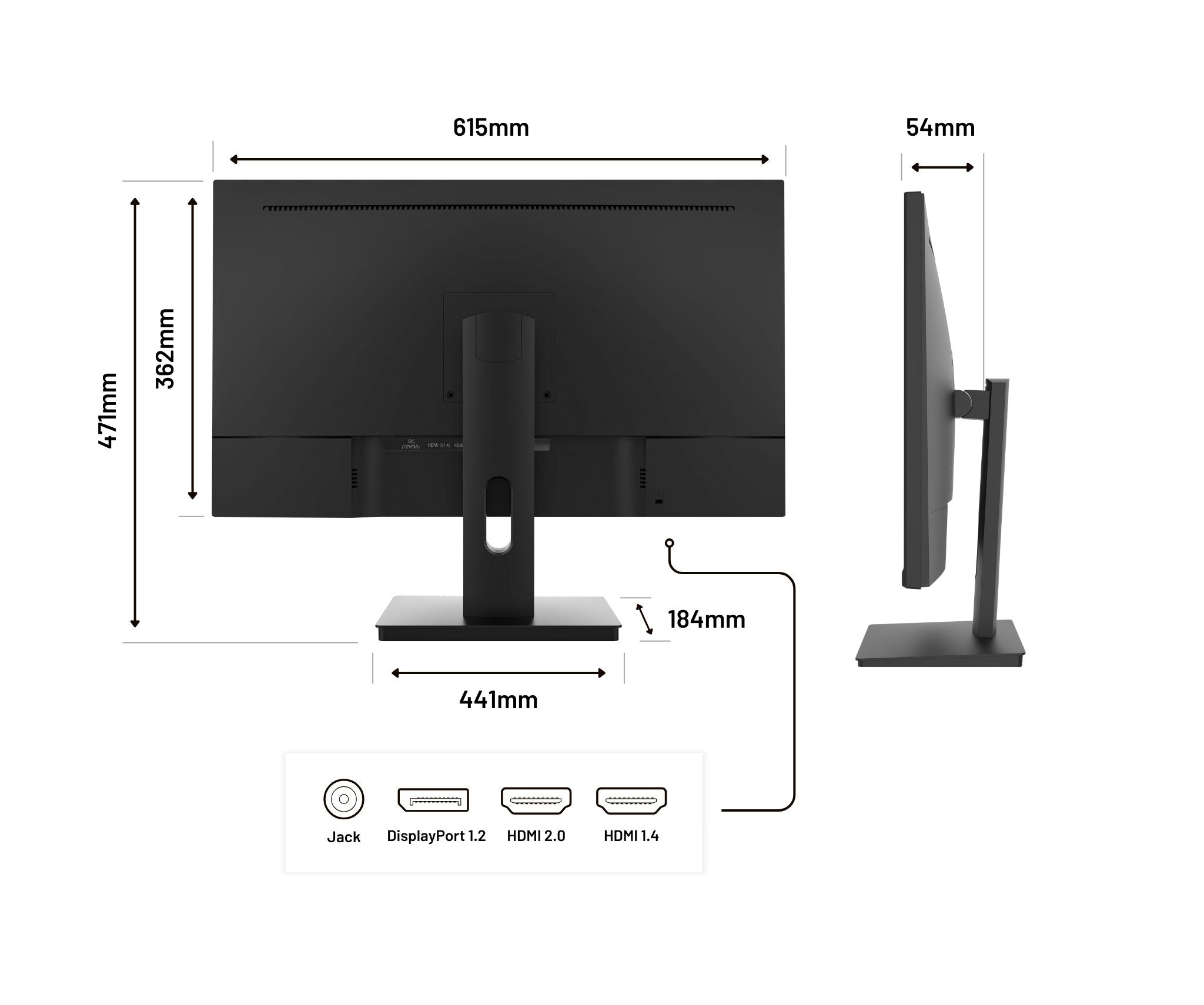 Ein schwarzer Monitor mit Beschriftungen von Abmessungen und Anschlüssen. Buchse, DisplayPort und HDMI-Anschlüsse sind sichtbar.