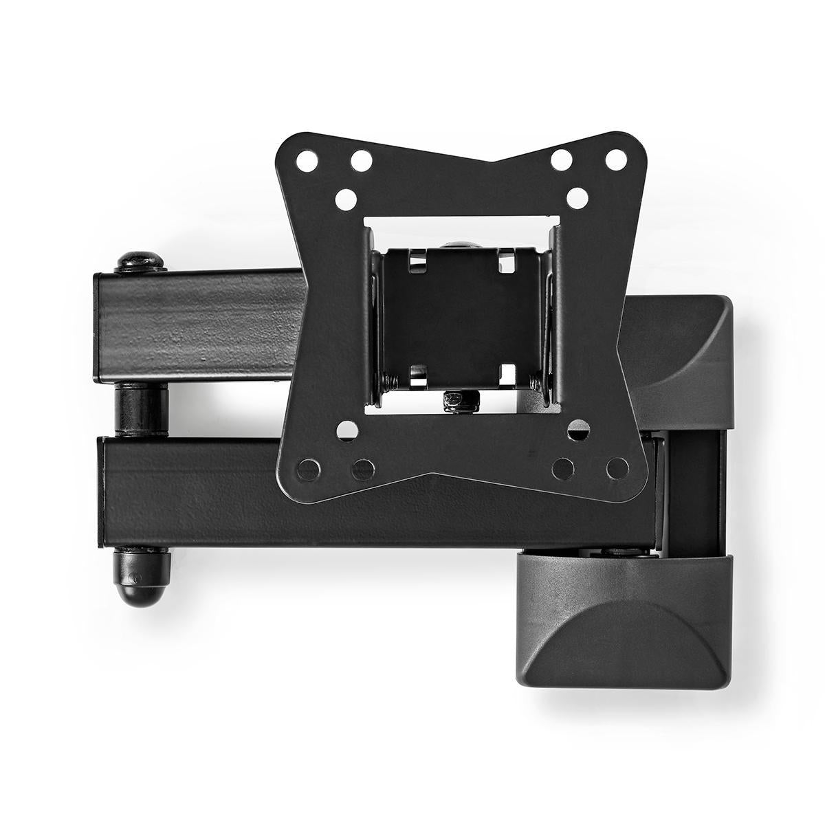 A black TV wall mount, with a square mounting plate, several joints, and a support arm, set against a white background.