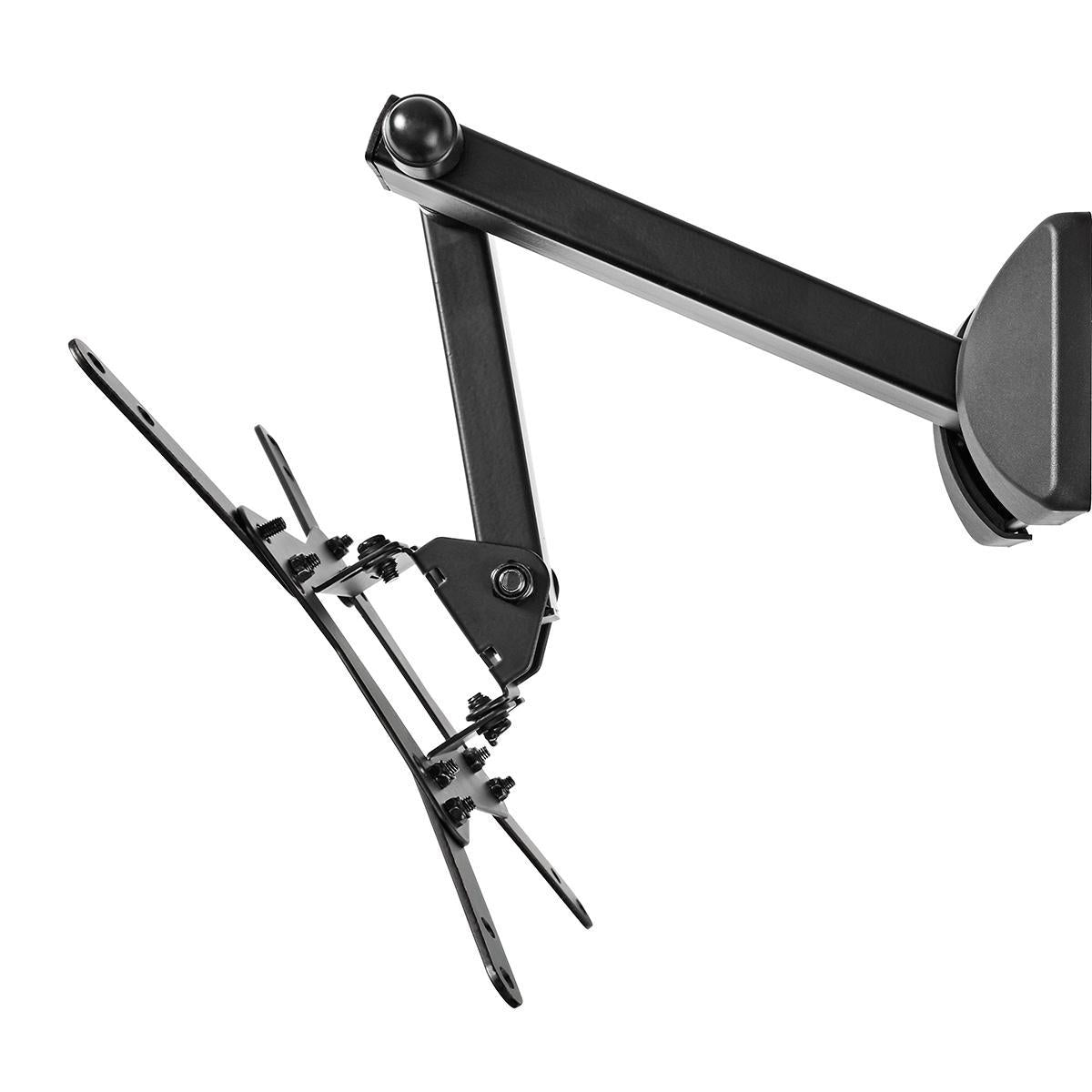 A black, articulated TV mount extends from a wall mount. It has multiple joints and brackets, designed to hold a TV.