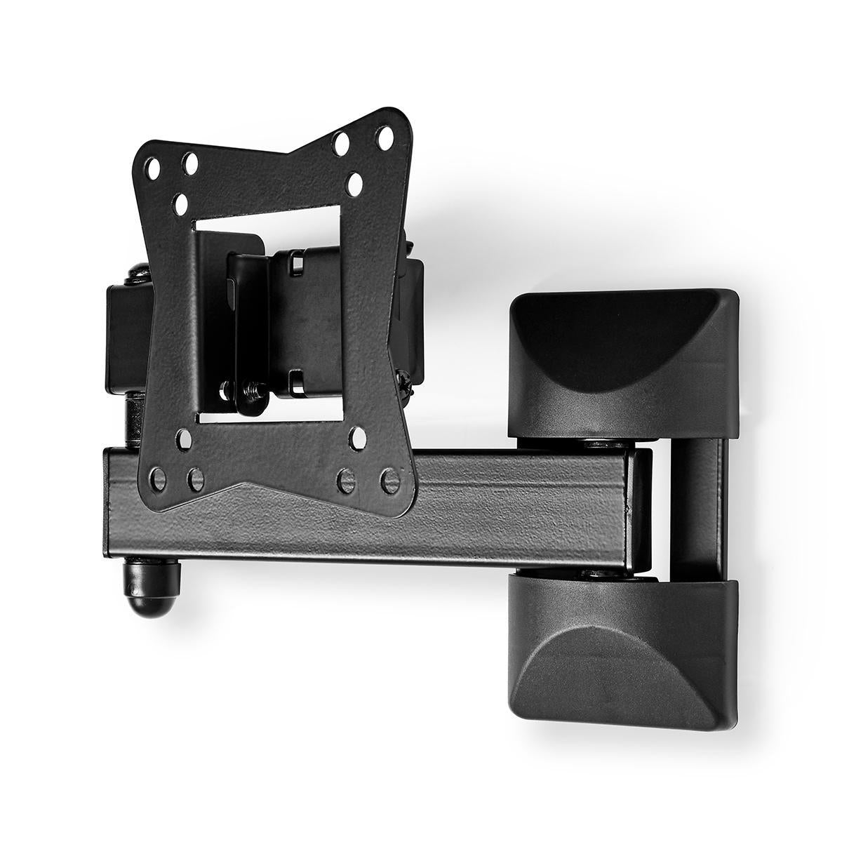 A black, wall-mounted TV bracket. It has multiple joints and mounting holes, designed to hold a TV. It is set against a white background.