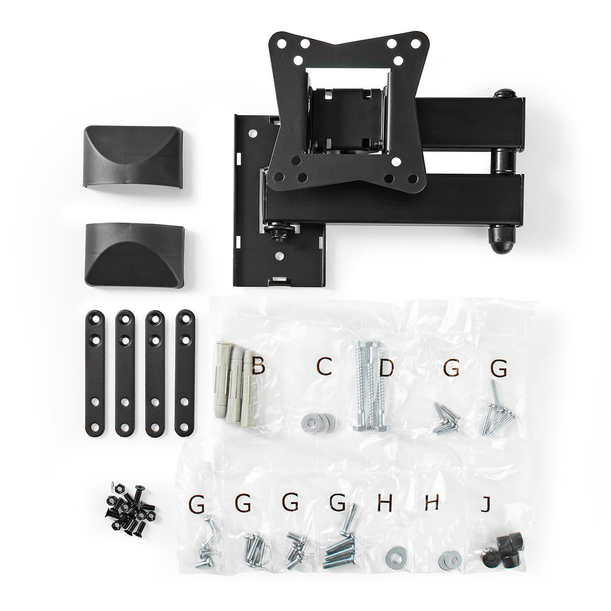 Black TV mount and mounting hardware laid out on a white surface. Includes screws, brackets, and washers.