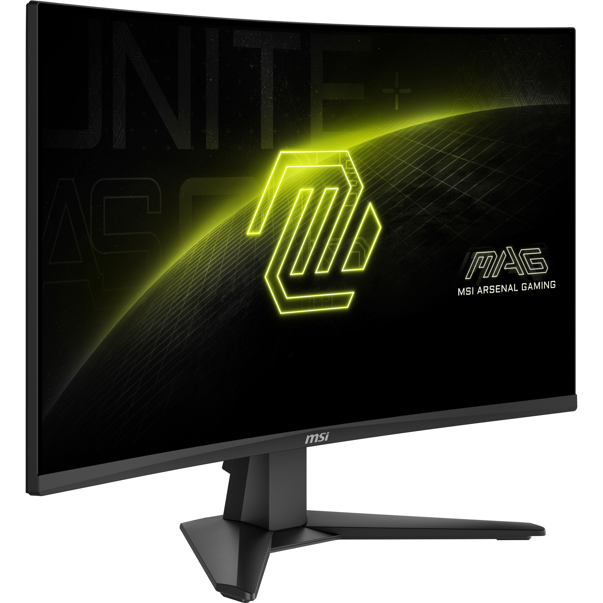 Gebogen MSI gaming monitor. Zwart frame, neongeel logo en accenten, en de woorden "MAG MSI ARSENAL GAMING".