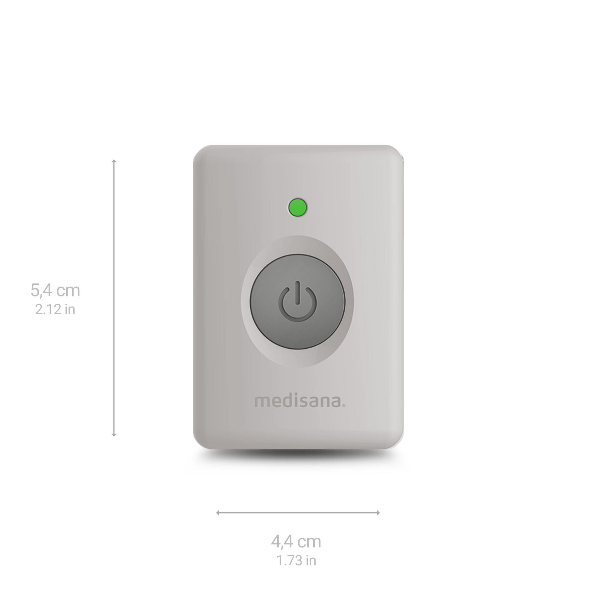 A gray Medisana device with a power button, a green light, and dimensions labeled. White background.