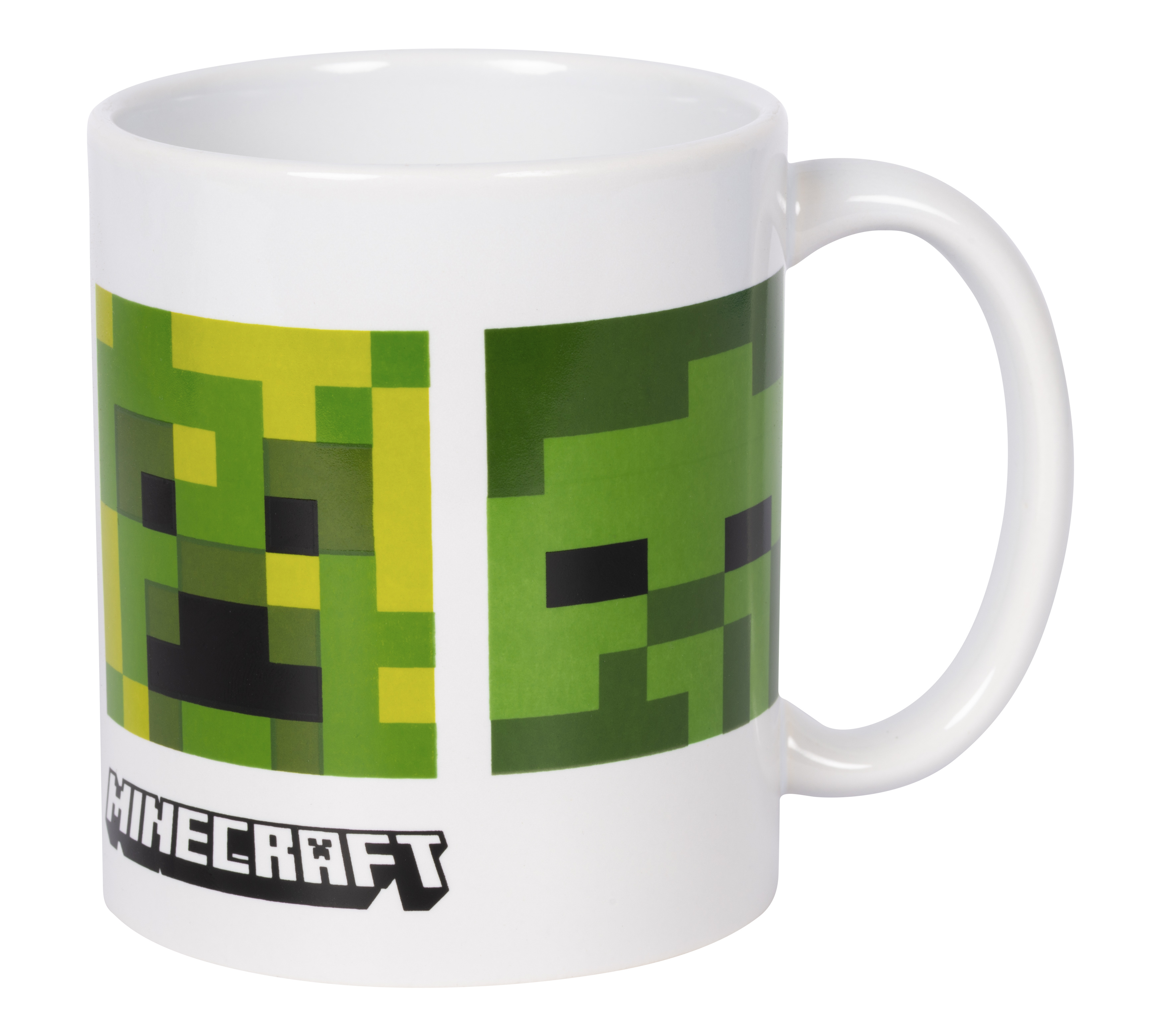 Weißer Minecraft-Becher mit grünem Pixel-Design. Schwarzes Minecraft-Logo unten. Weißer Griff.