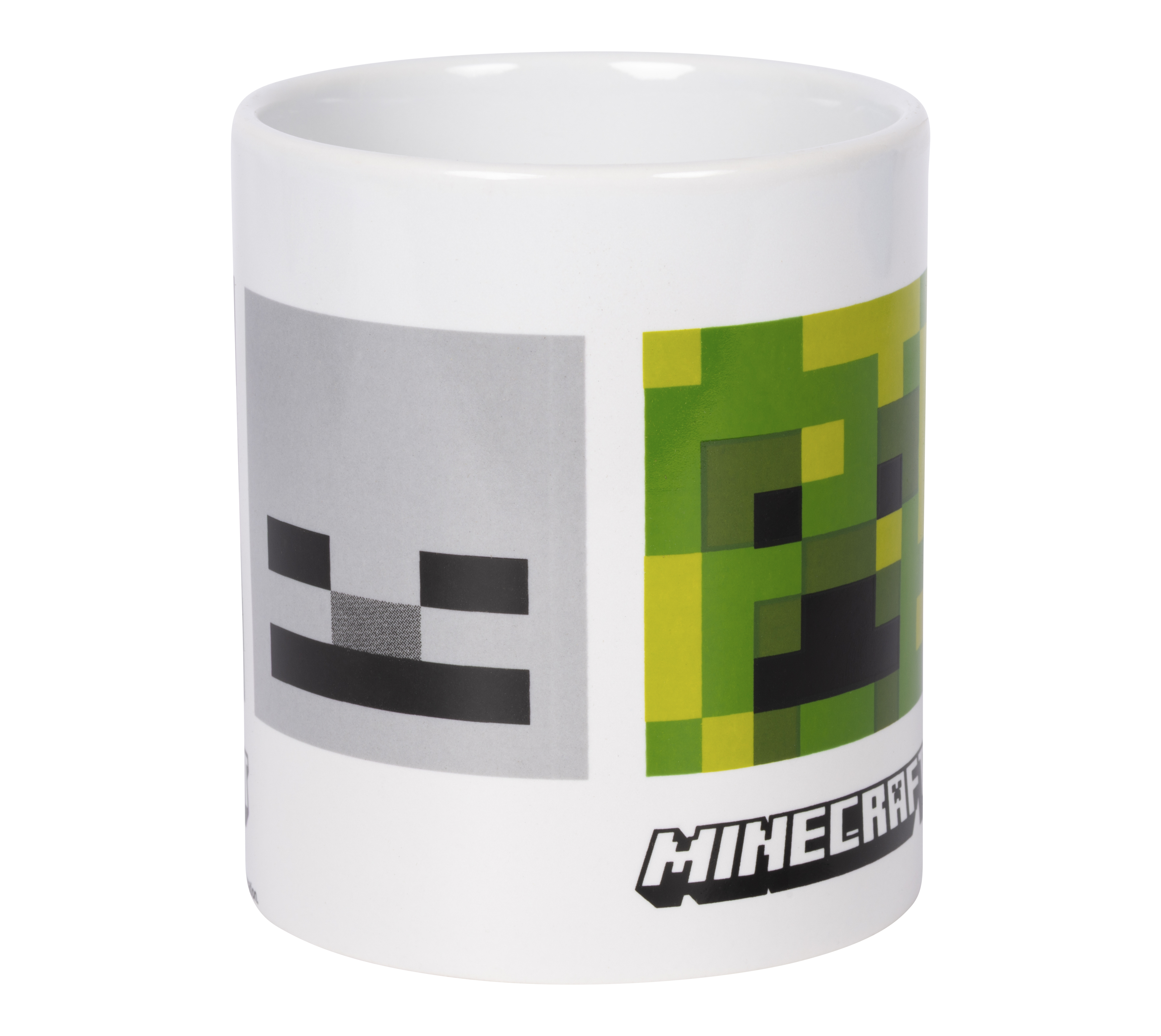 Weißer Minecraft-Becher mit pixeligen Charakteren: ein Skelett und ein Creeper. Das Minecraft-Logo ist ebenfalls sichtbar.