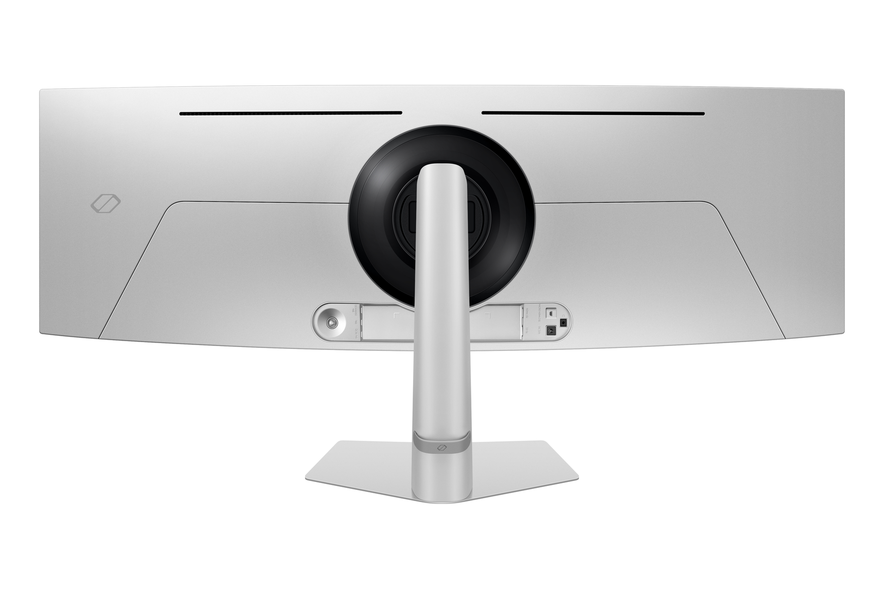 Widok z tyłu srebrnego monitora komputerowego z czarnym okrągłym obszarem montażowym i podstawą. Na dole znajdują się porty.