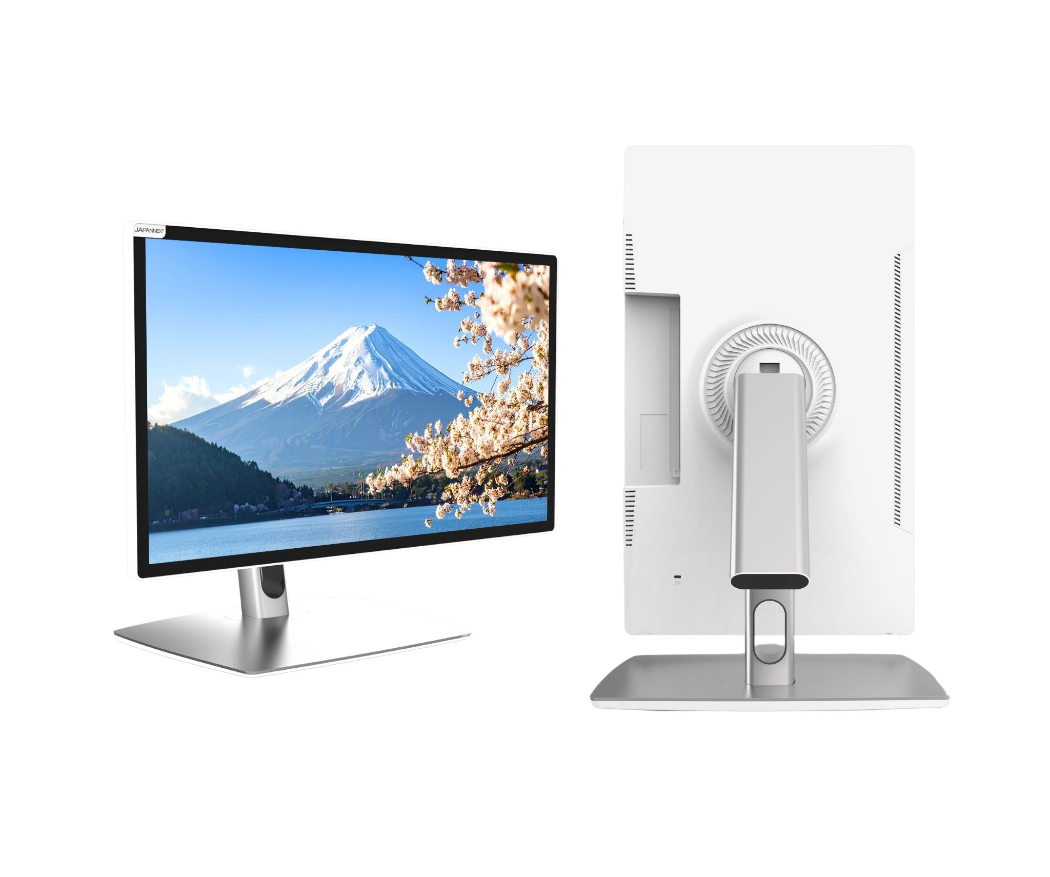 Een computermonitor toont de Fuji en kersenbloesem. De achterkant van de monitor is wit.